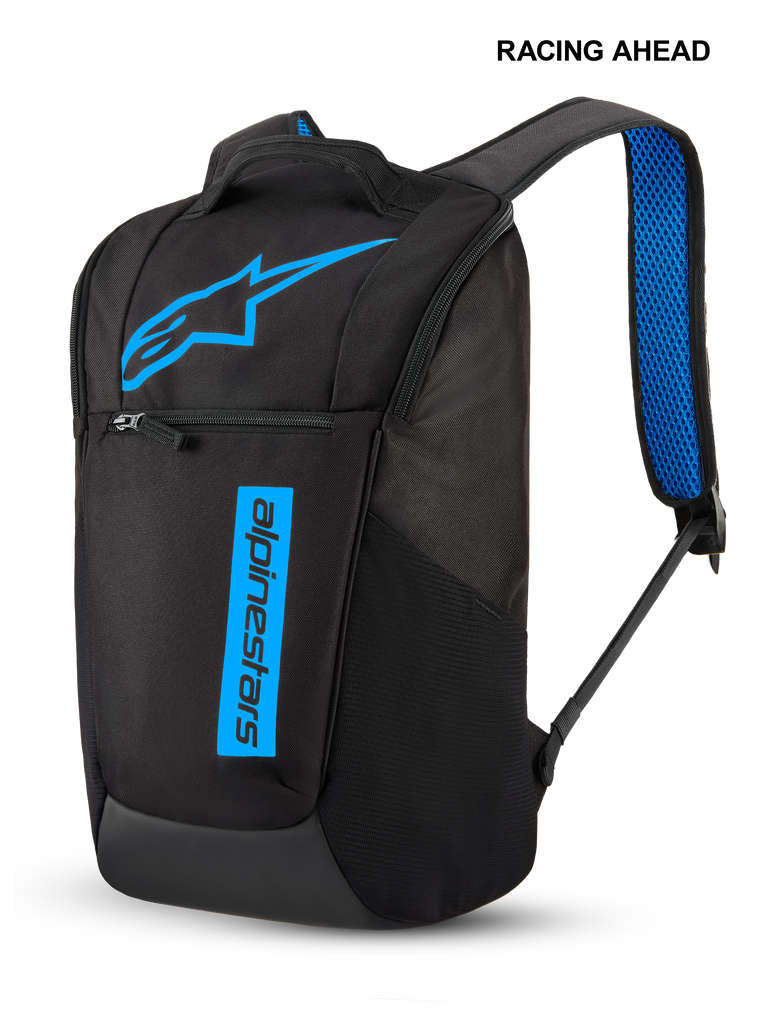 Alpinestars Defcon V3 Backpack, small daily backpack, Black and Blue, featuring a bright blue star logo and vertical text branding, front zipper pocket, and blue air mesh padded shoulder straps, durable sportswear design