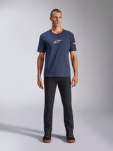 Alpinestars Frontal CSF Tee, Short Sleeve T-Shirt, Navy Blue, white Alpinestars star logo on chest, worn with black pants and sneakers, casual performance sportswear