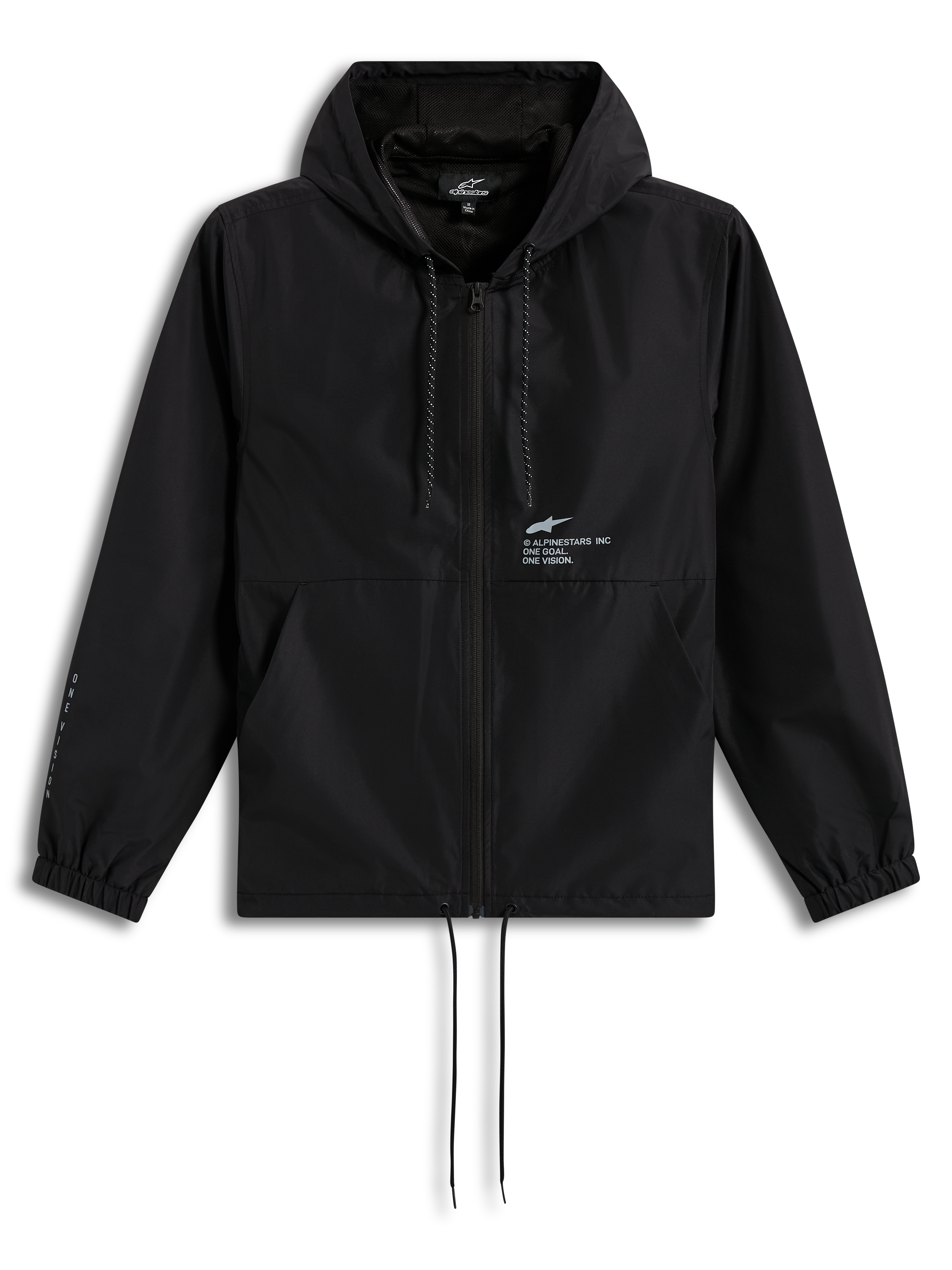 Black Alpinestars Speeder Resolve Windbreaker Jacket, lightweight hooded sportswear with a front zipper and chest logo.