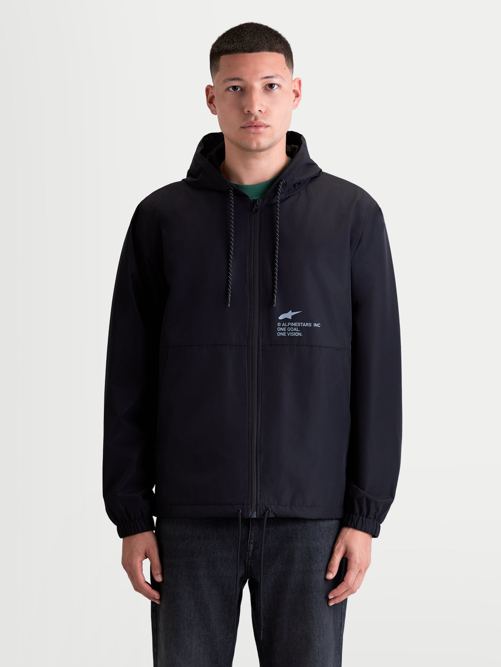 Alpinestars Speeder Resolve Windbreaker Jacket, Lightweight Hooded Sportswear for Men, Black, Windproof Textile Construction, features Mesh Lining and Adjustable Hood with 'One Goal. One Vision.' Chest Branding