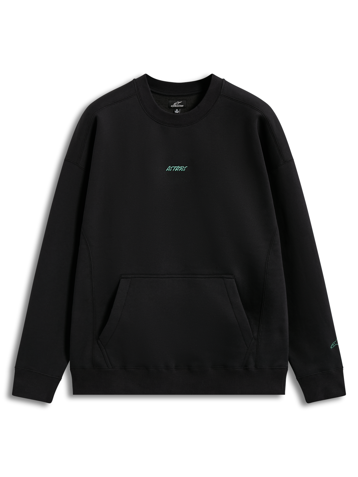 Alpinestars Guise Oversized Crew, black fleece sportswear pullover with a kangaroo pocket and teal logo embroidery.