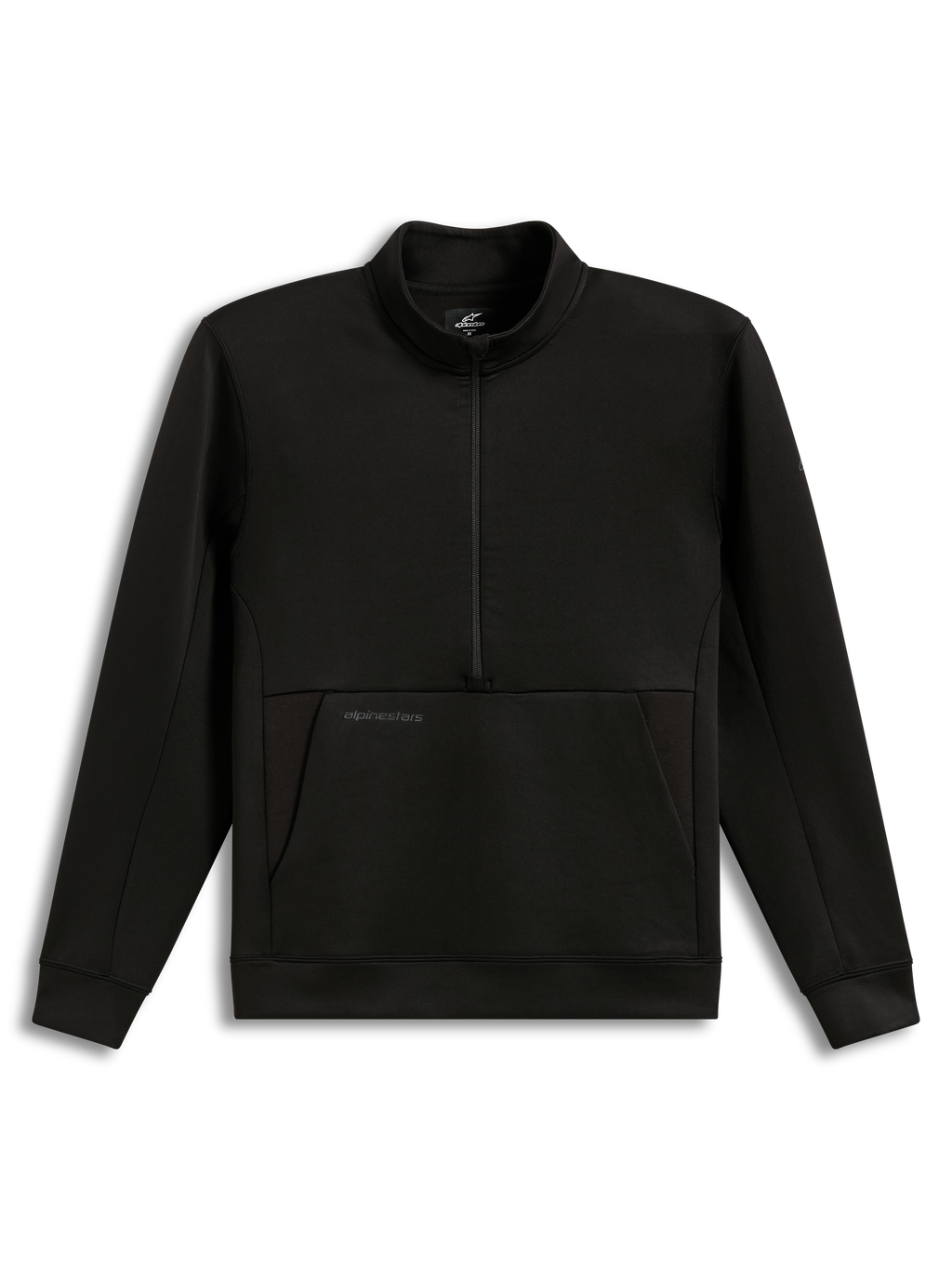 Alpinestars Apera Half-Zip Sweatshirt, black performance sportswear fleece with tonal branding and kangaroo pocket.