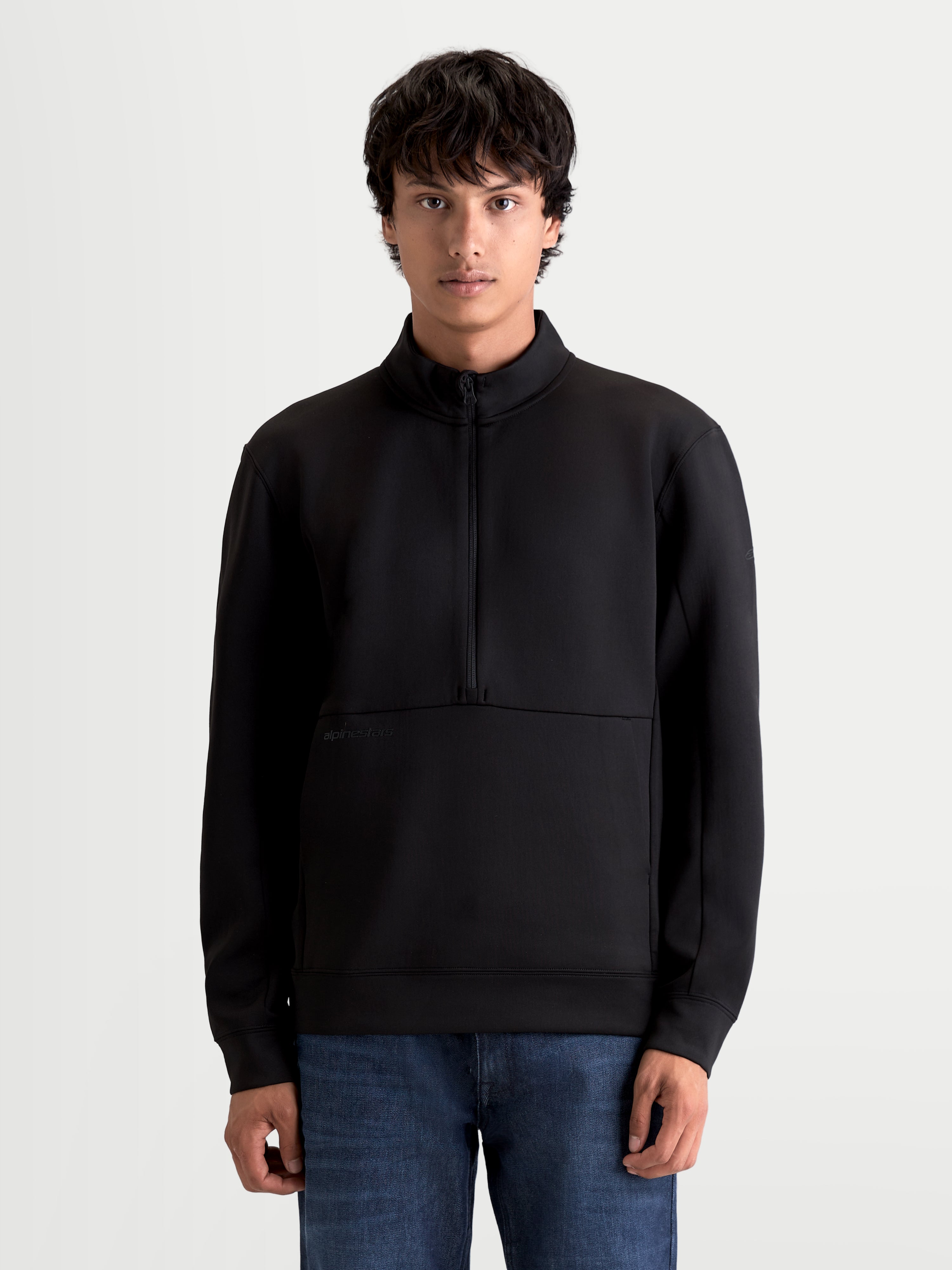 Alpinestars Apera Half-Zip Sweatshirt, Men's Sportswear Pullover, Black, featuring tri-blend double-face fleece construction, kangaroo pocket, and tonal logo prints for a clean motorsport-inspired look.