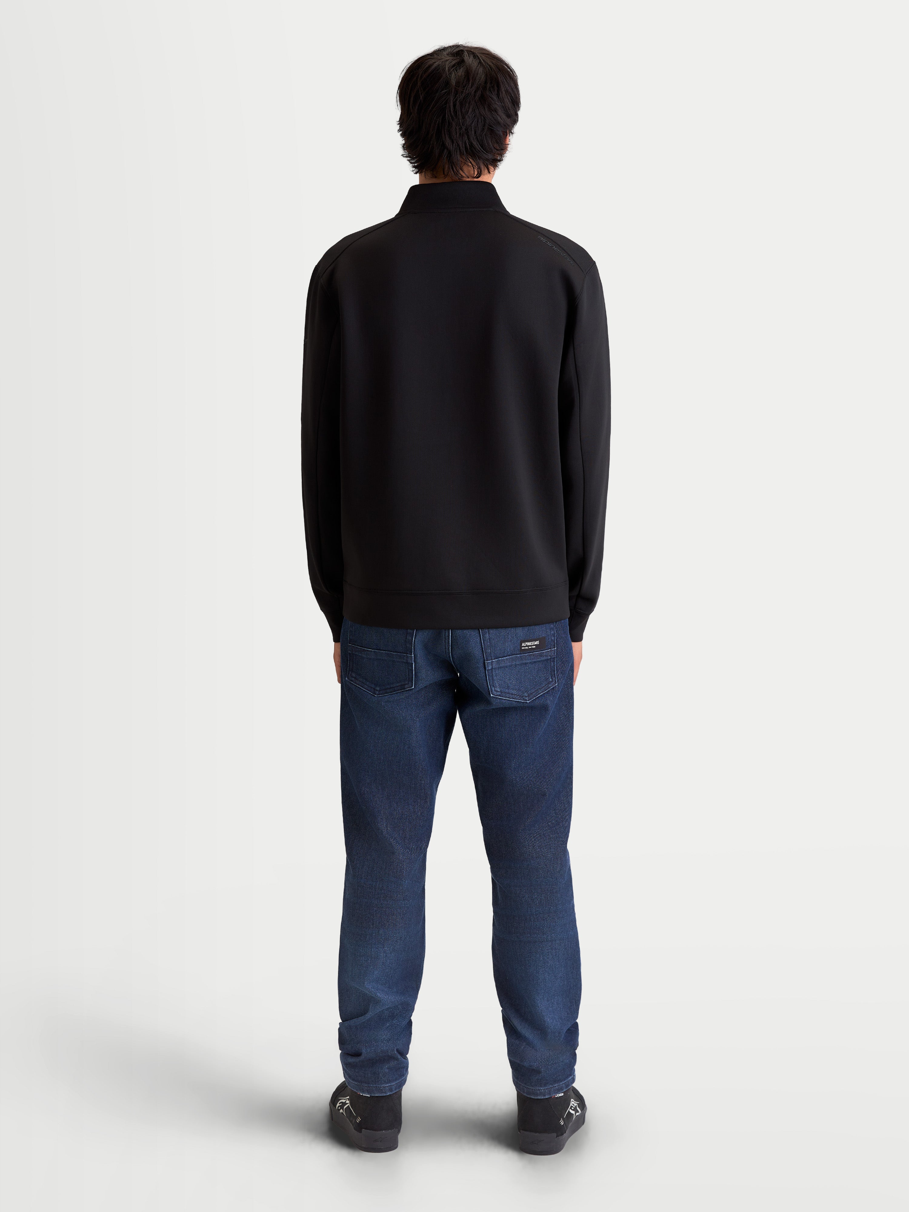 Alpinestars Apera Half-Zip Sweatshirt, Men's Sportswear Pullover, Black, Back View, Tri-blend double-face fleece construction with refined sleeve seaming and subtle tonal HD logo branding on the shoulder, casual motorsport-inspired style.