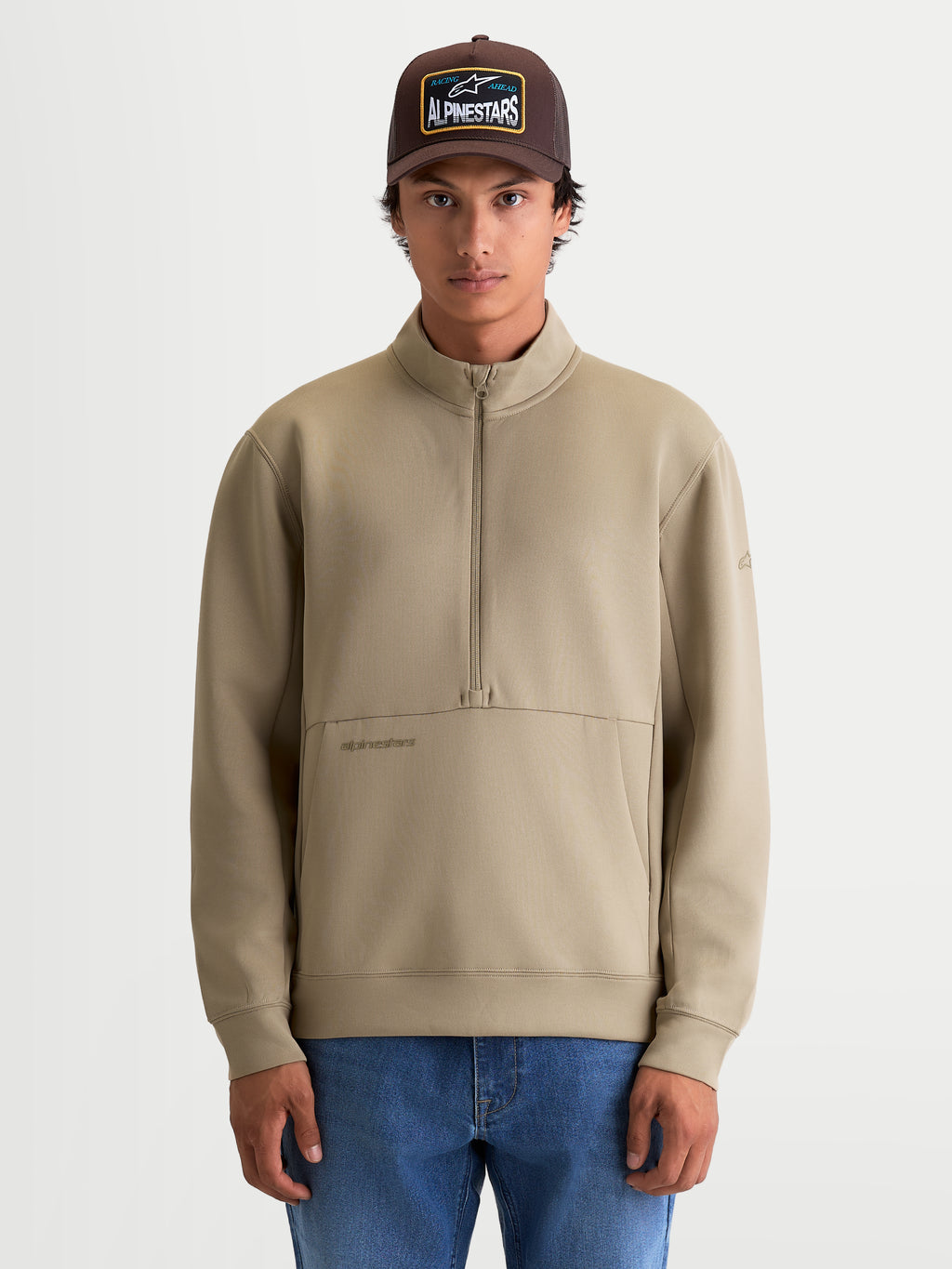 Alpinestars Apera Half-Zip Sweatshirt, Men's and Women's Casual Sportswear Pullover, Putty Beige, featuring a Half-Zip Closure, Kangaroo Pocket, and Tonal HD Logo, Tri-Blend Fleece Construction.