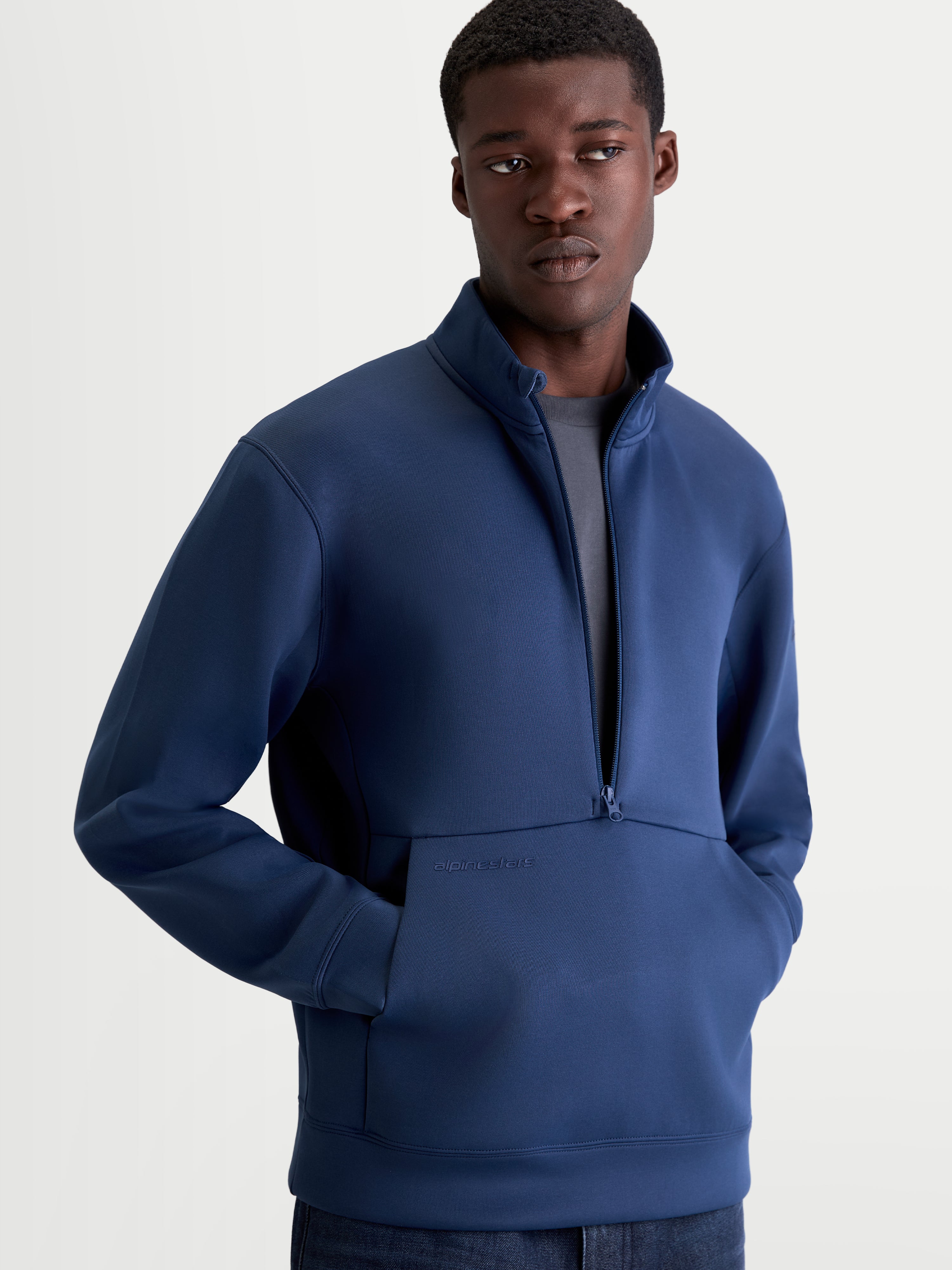 Alpinestars Apera Half-Zip Sweatshirt, Men's Sportswear Pullover in Steel Blue, featuring a half-zip closure, kangaroo pocket with tonal branding, and a mesh-lined hood, premium tri-blend fleece for everyday casual comfort.