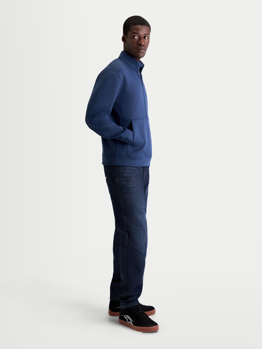 Alpinestars Apera Half-Zip Sweatshirt, Men's Casual Sportswear Pullover, Steel Blue, Tri-blend Fleece, featuring half-zip closure, kangaroo pocket, and tonal HD logo prints for everyday comfort and motorsport style.