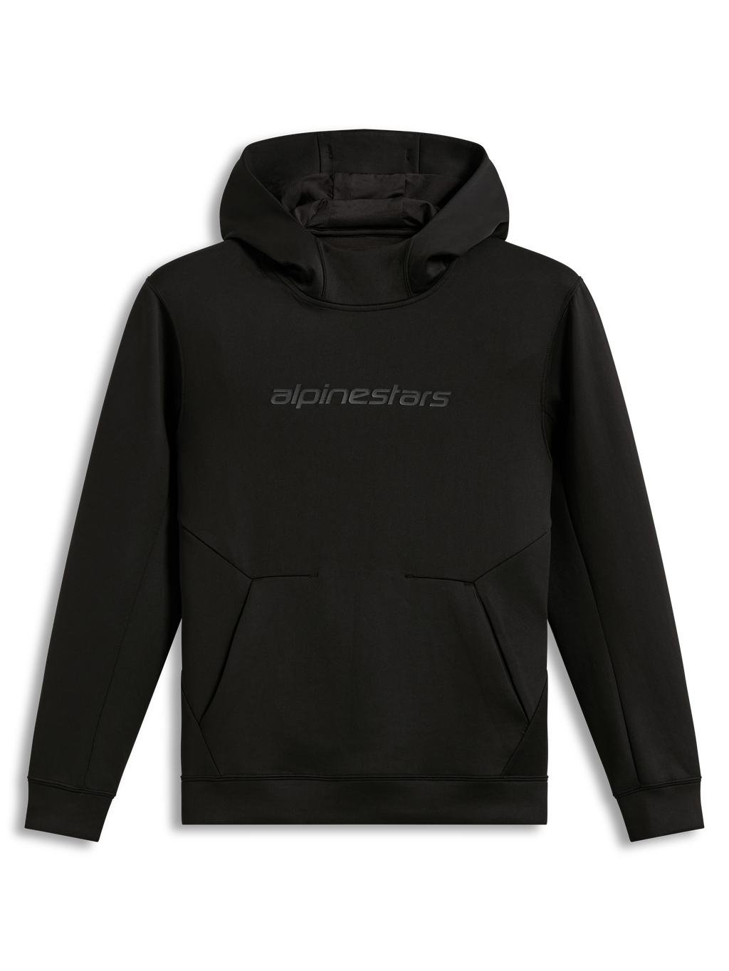 Alpinestars Datrix Hoodie, black pullover fleece for sportswear, featuring a tonal HD word logo and dart detail pocket.