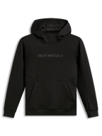 Alpinestars Datrix Hoodie, black pullover fleece for sportswear, featuring a tonal HD word logo and dart detail pocket.