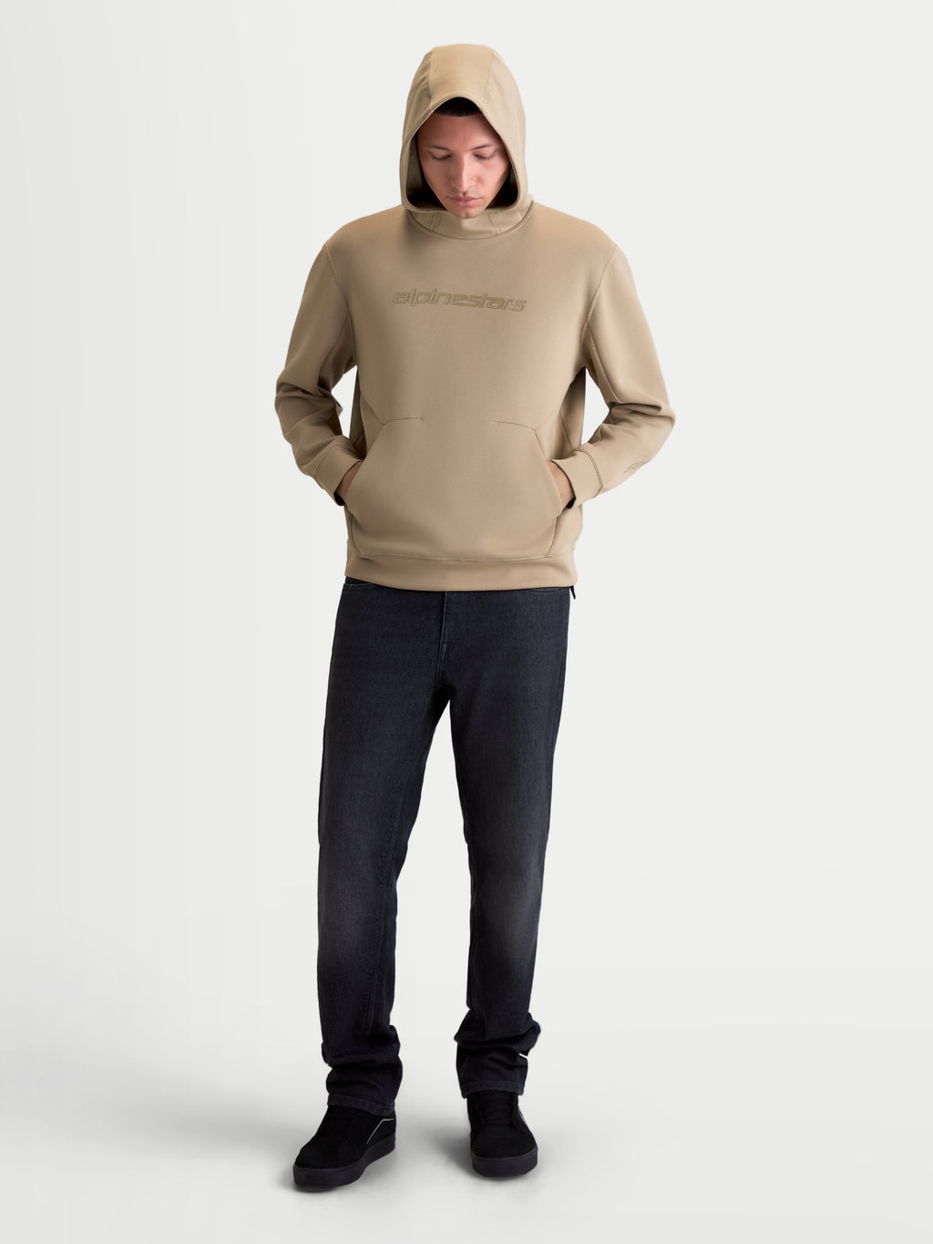 Alpinestars Datrix Hoodie, Men's and Women's Sportswear Pullover, Putty Beige, featuring a mesh-lined hood, tonal HD branding on the chest, and a dart-detail pocket in a soft double-face fleece construction.