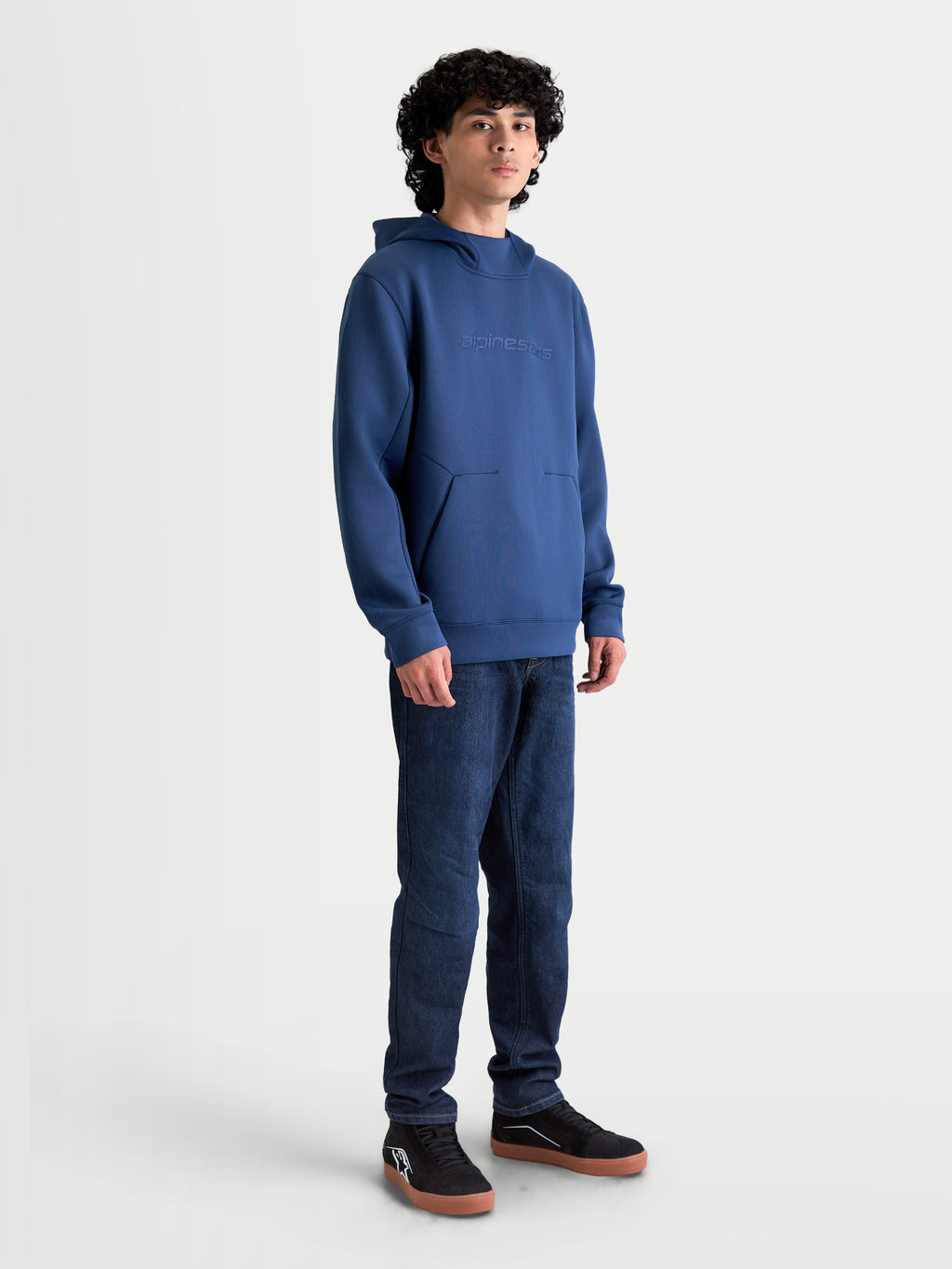 Alpinestars Datrix Hoodie, Steel Blue Sportswear Pullover for Men and Women, featuring tonal HD logo branding, tri-blend double-face fleece, mesh-lined hood, and darted front pocket for casual motorsport style.