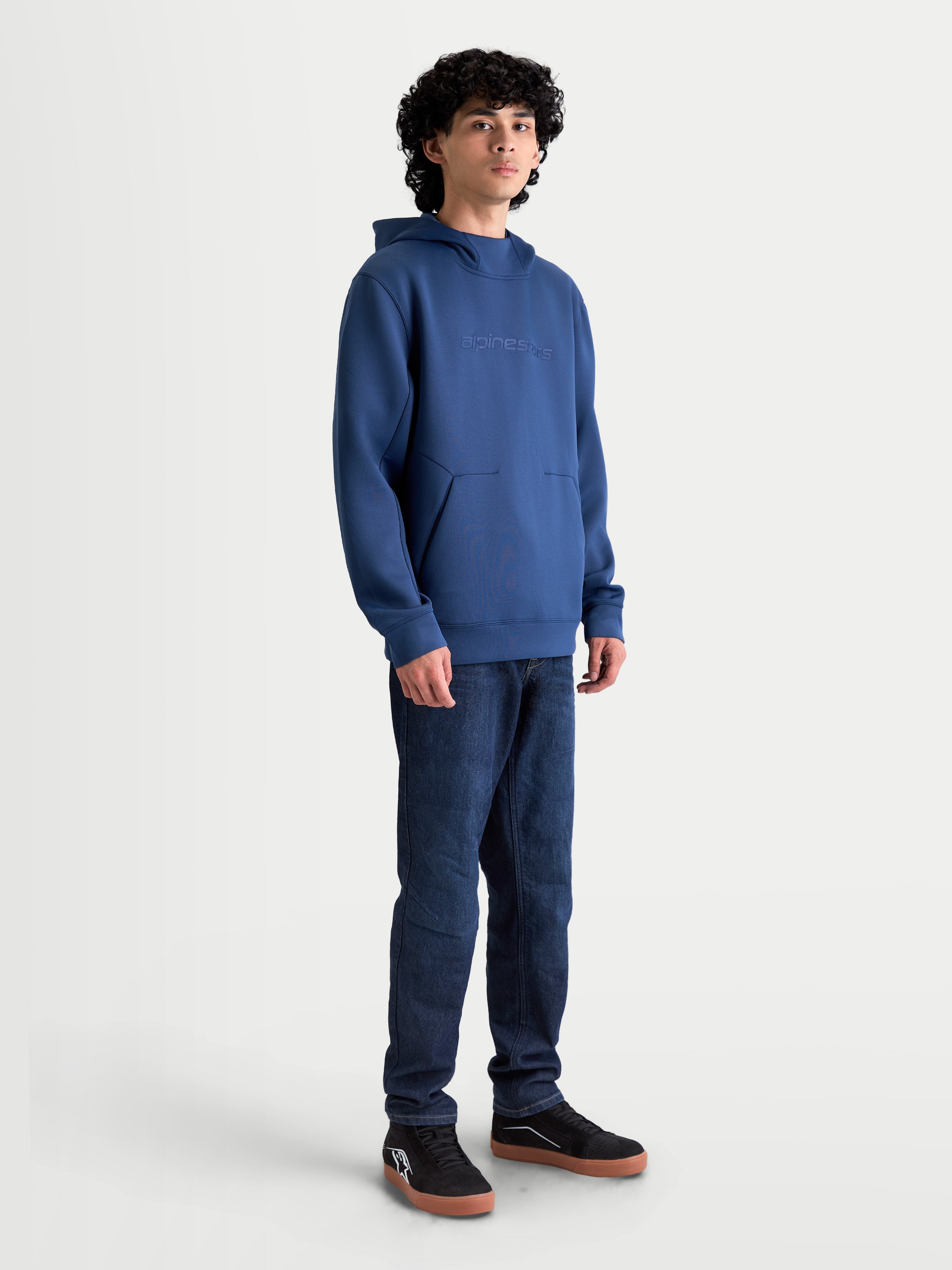 Alpinestars Datrix Hoodie, Steel Blue Sportswear Pullover for Men and Women, featuring tonal HD logo branding, tri-blend double-face fleece, mesh-lined hood, and darted front pocket for casual motorsport style.