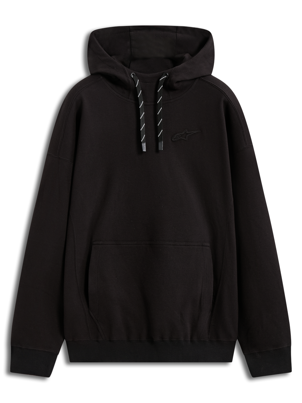 Alpinestars Camino Textured Oversized Hoodie, black twill fleece sportswear with a 3D logo and kangaroo pocket.