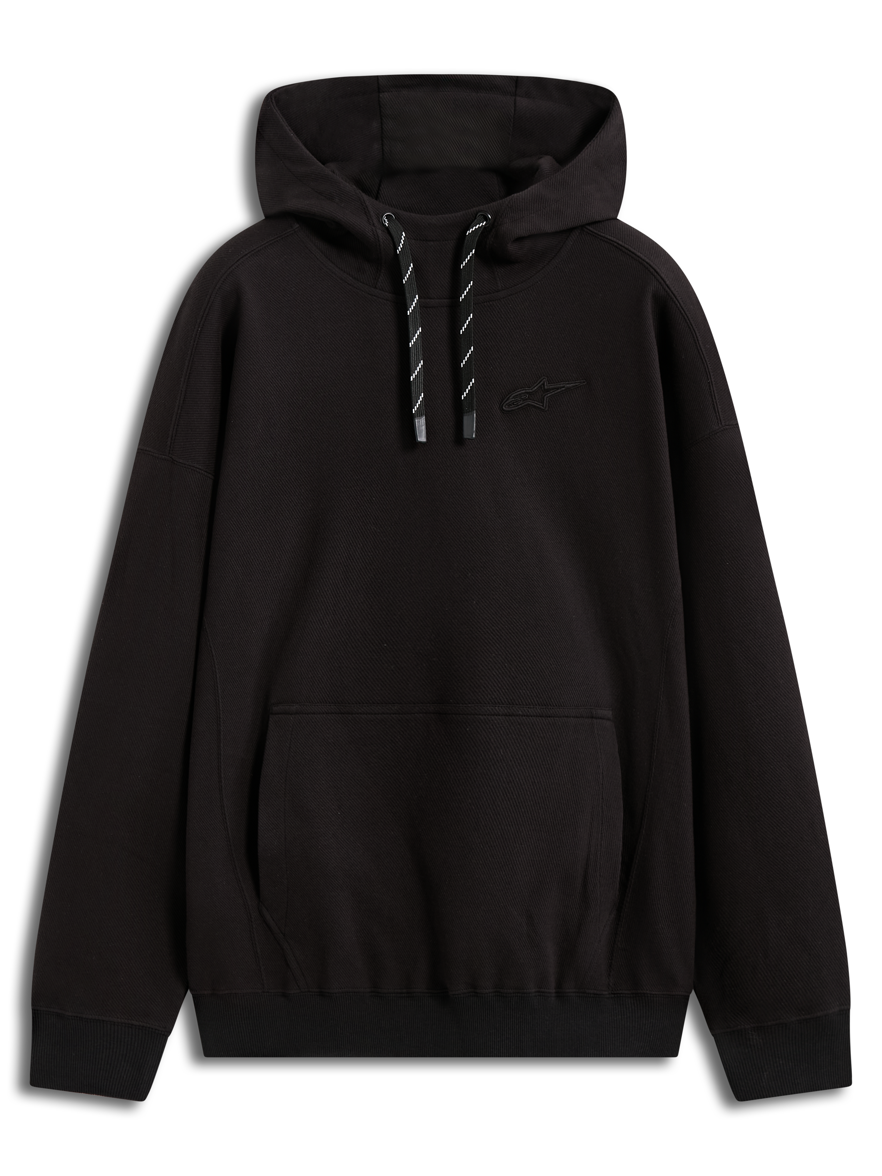 Alpinestars Camino Textured Oversized Hoodie, black twill fleece sportswear with a 3D logo and kangaroo pocket.