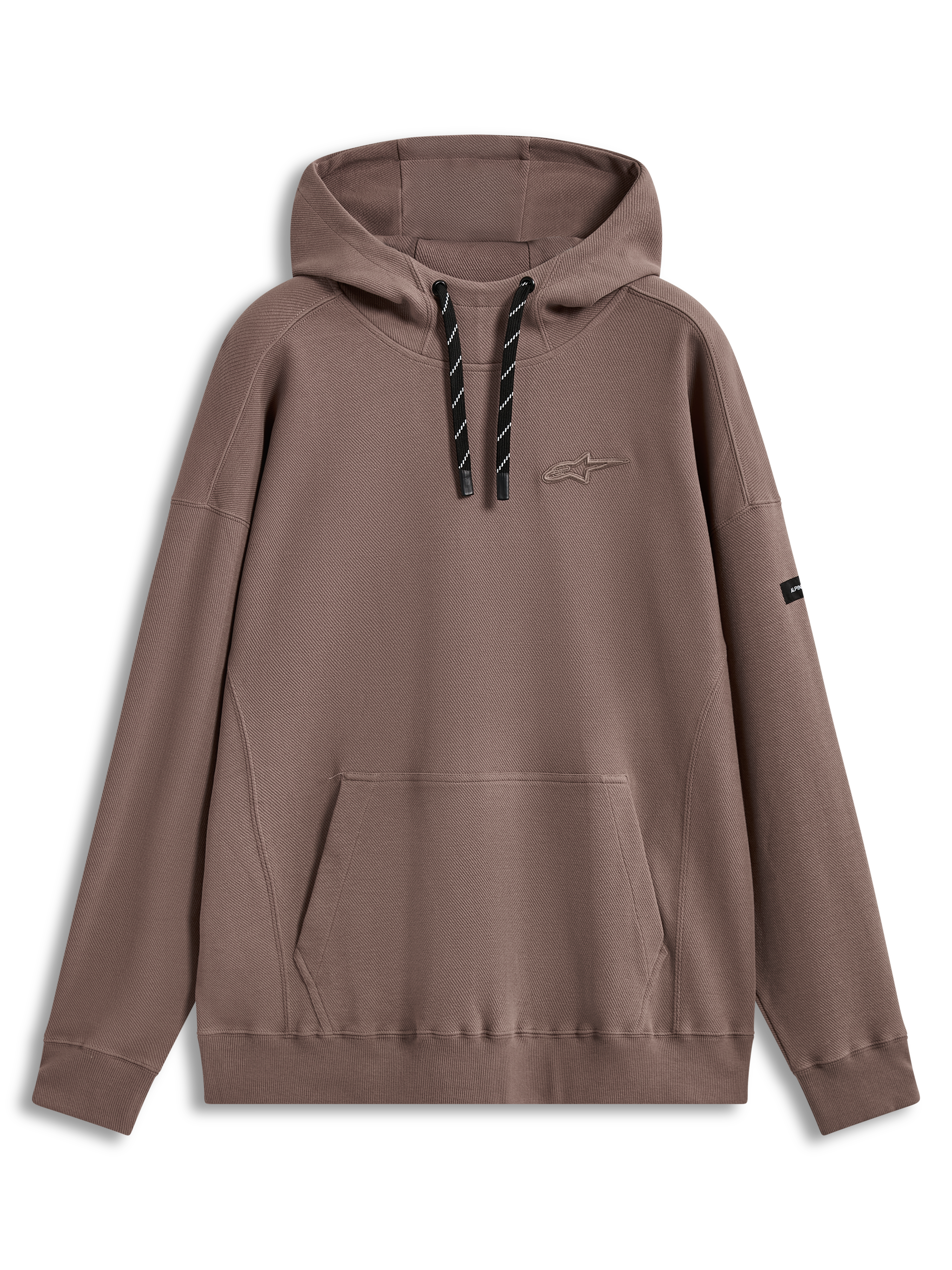 Alpinestars Camino Textured Oversized Hoodie in Sand taupe, featuring a high collar, textured knit twill, and 3D logo.