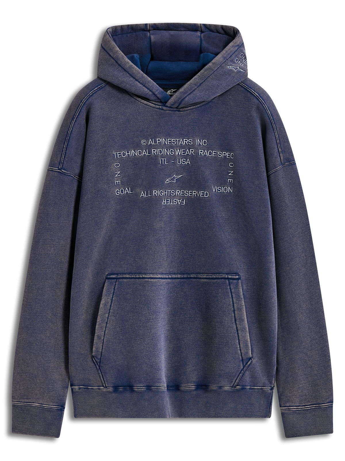 Alpinestars Infinite Washed Oversized Hoodie, Blue snow wash fleece with Alpinestars Word text embroidered logos and kangaroo pocket.