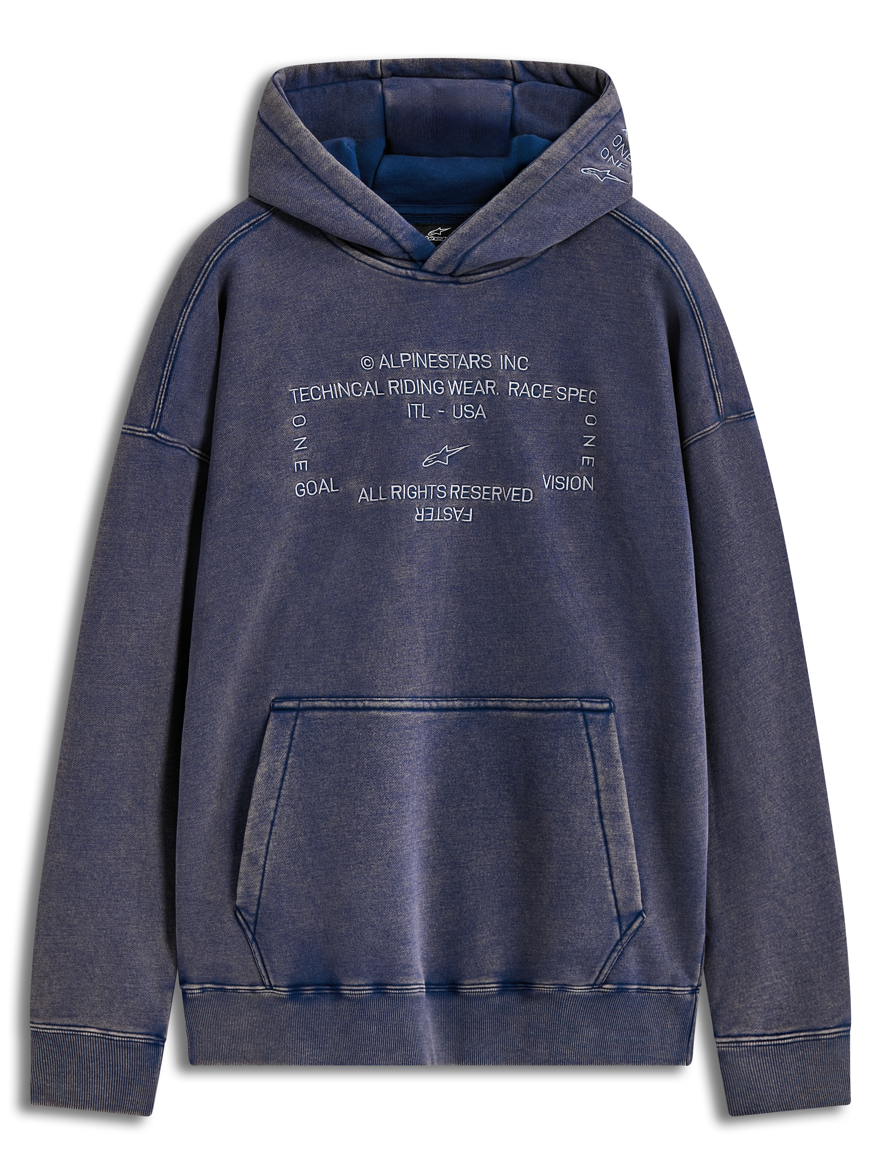 Alpinestars Infinite Washed Oversized Hoodie, Blue snow wash fleece with Alpinestars Word text embroidered logos and kangaroo pocket.