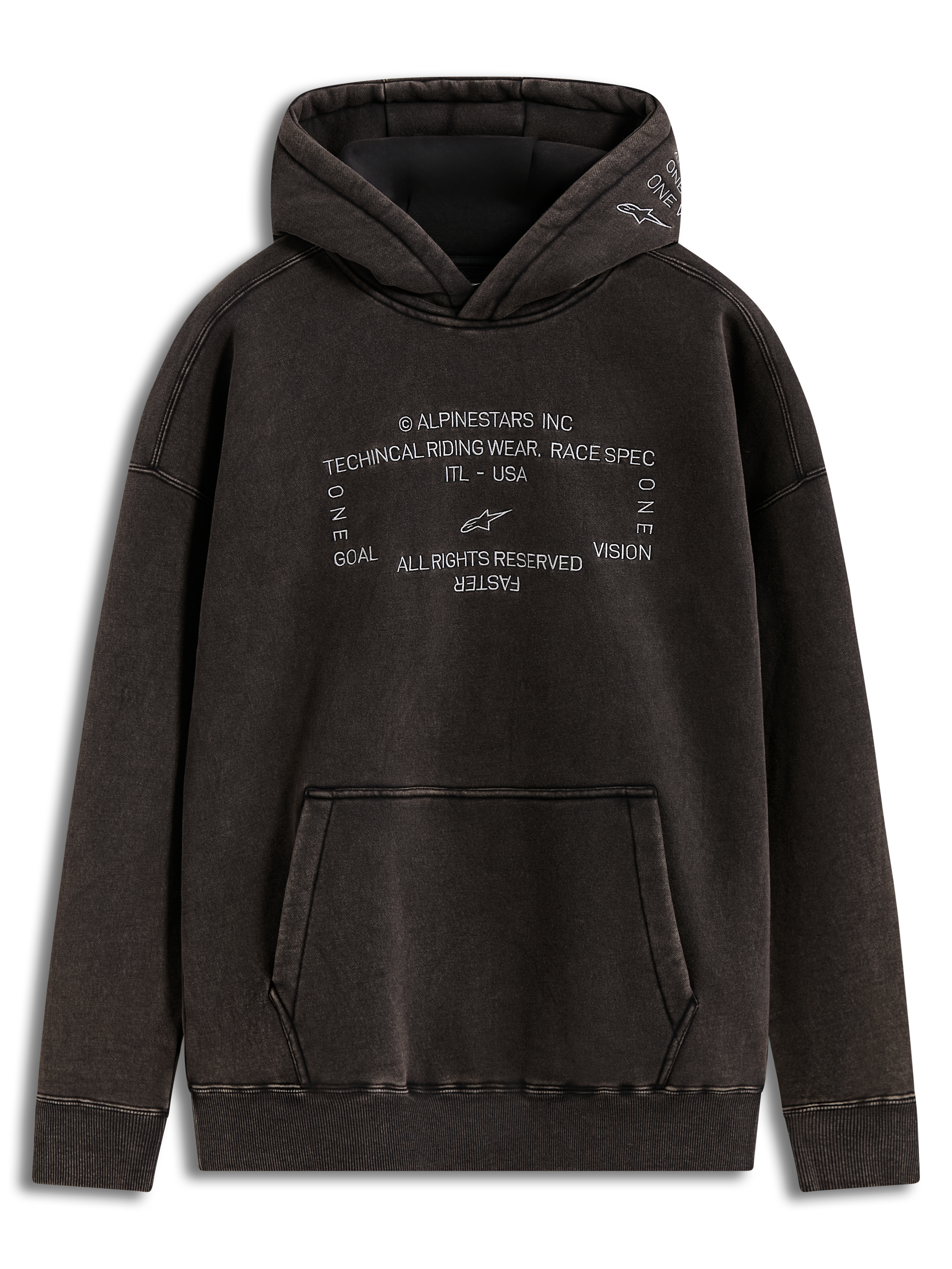 Alpinestars Infinite Washed Oversized Hoodie, Washed Black snow-wash fleece with embroidered logos and kangaroo pocket.