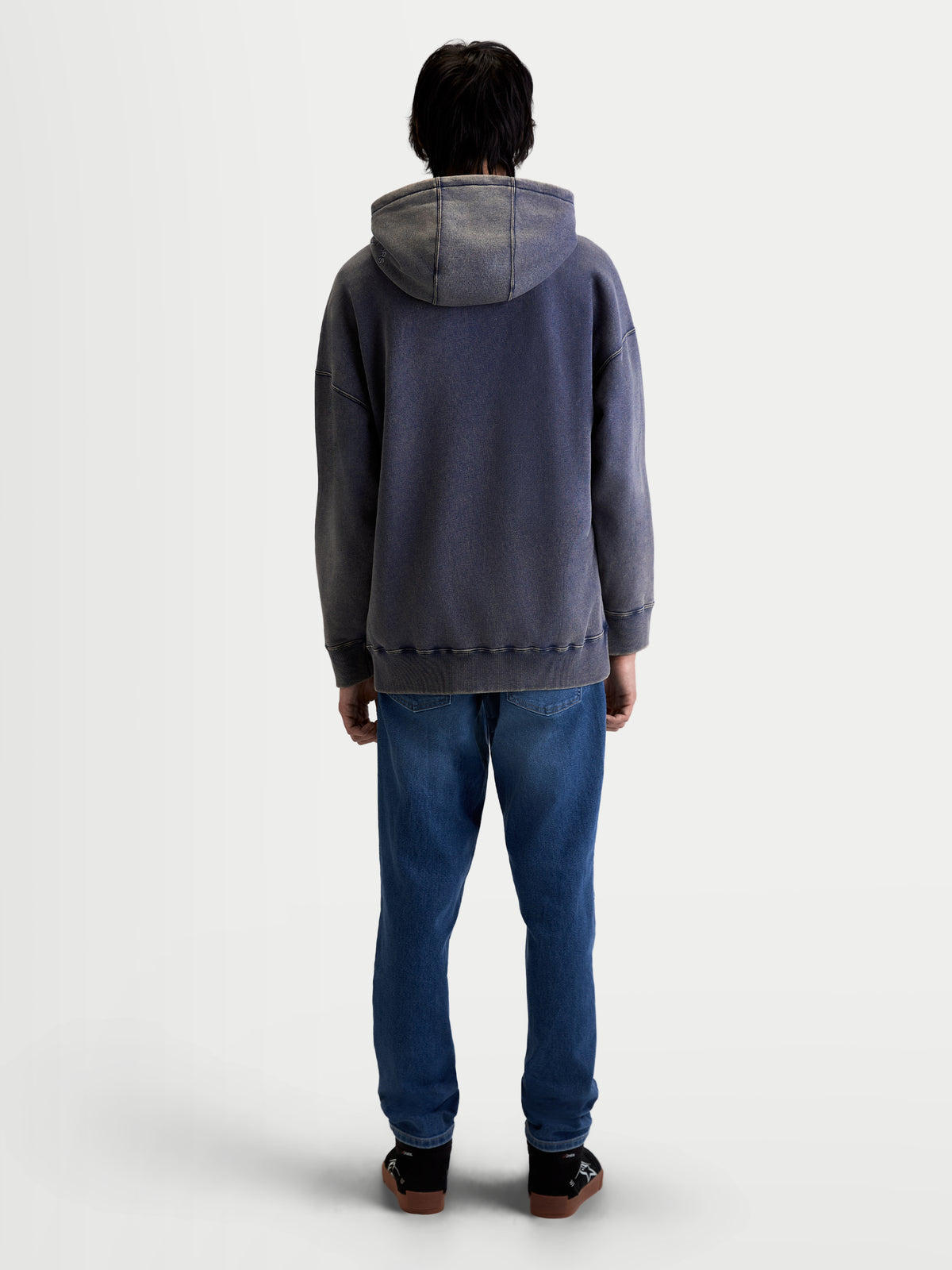Alpinestars Infinite Washed Oversized Hoodie, Sportswear Pullover for Everyday Comfort, Men's, Washed Navy Blue, Cotton and Recycled Polyester, back view showing relaxed oversized fit and snow-wash fleece texture.