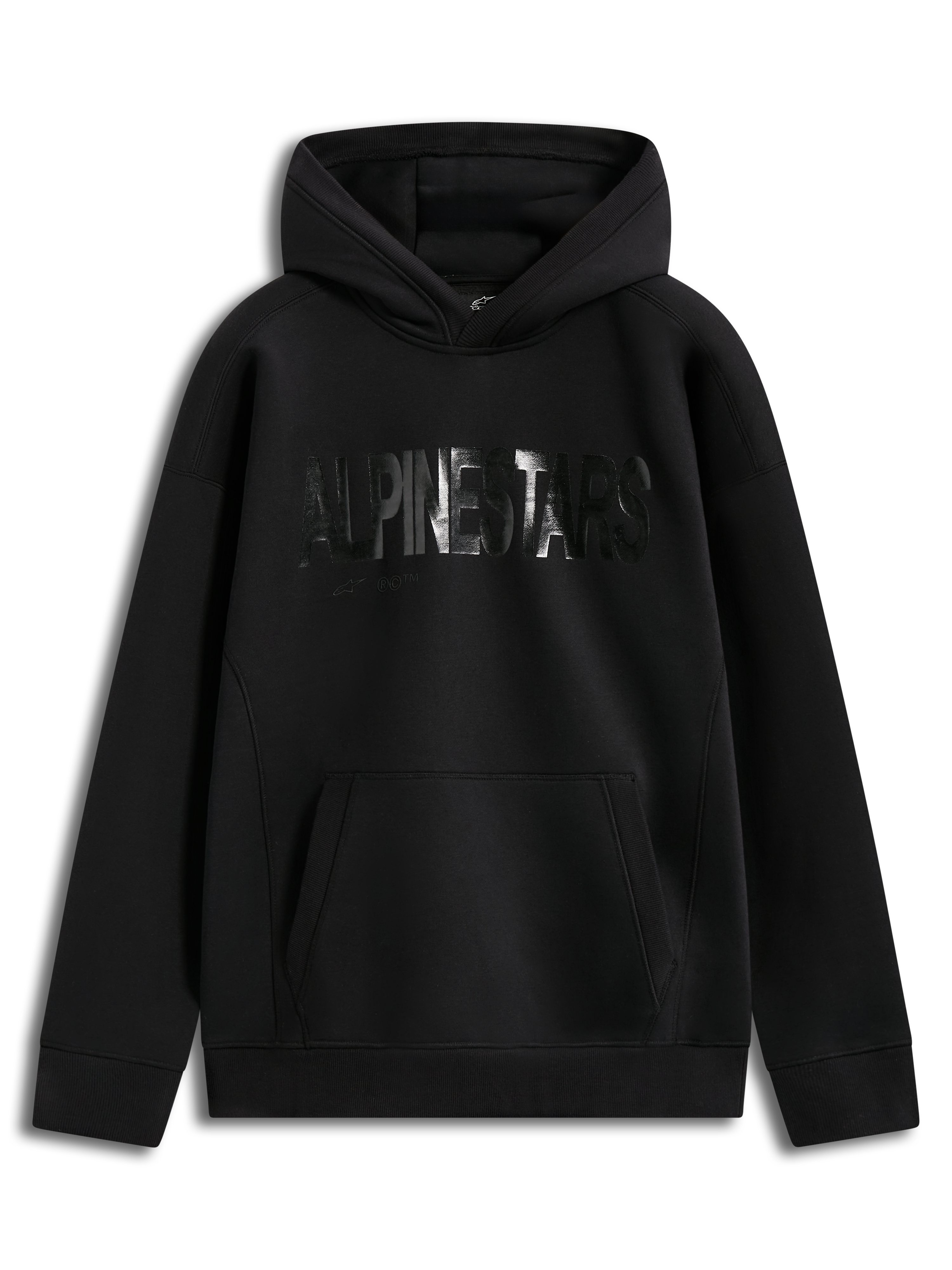 Alpinestars Shaw Oversized Hoodie, black pullover fleece with textured word logo and kangaroo pocket.