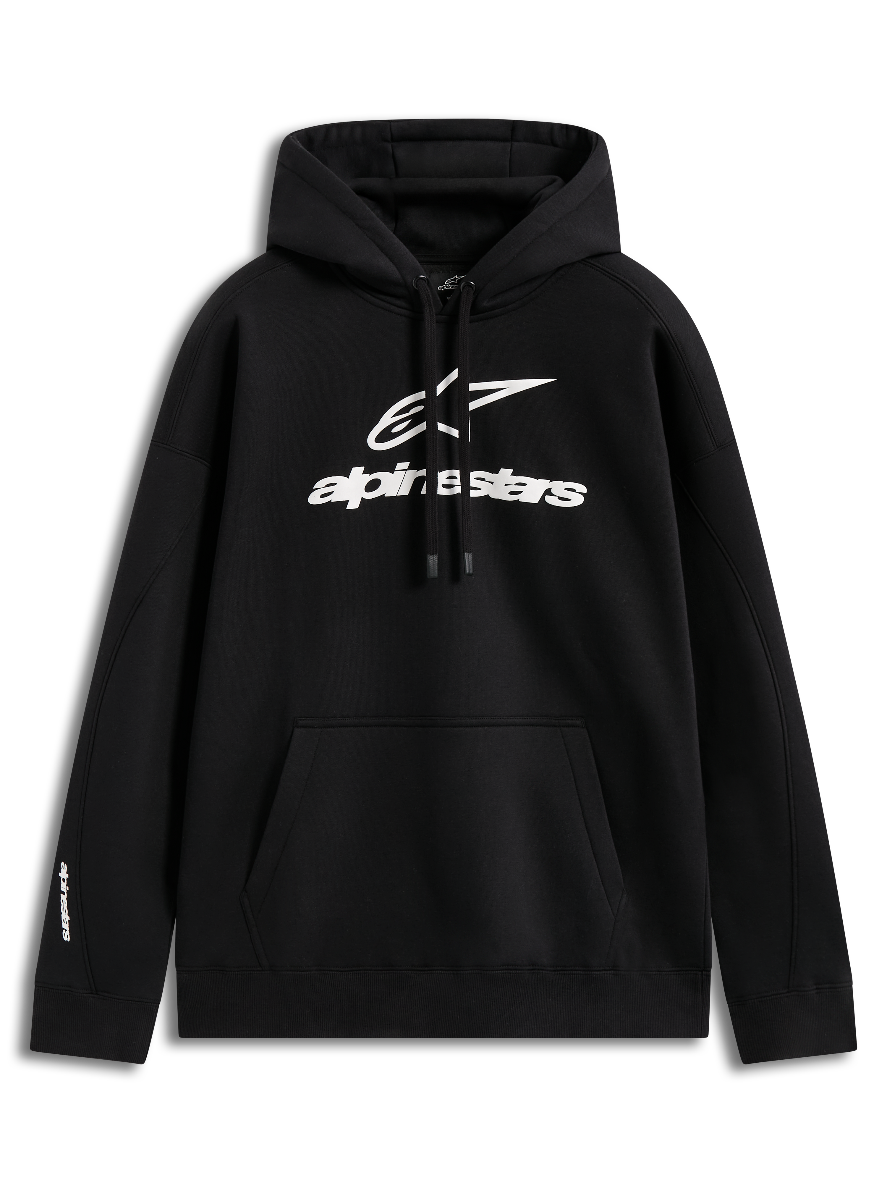 Alpinestars Prelude Oversized Hoodie, Black Sportswear Fleece with White Puff Print Logo and Kangaroo Pocket.