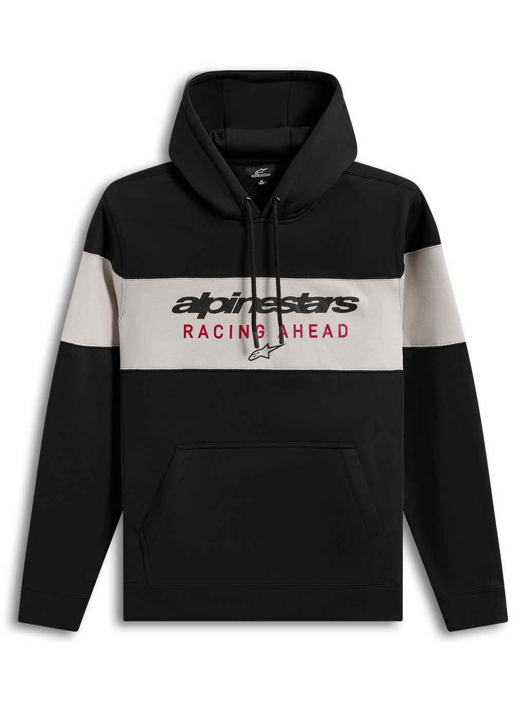 Alpinestars Cubic Hoodie, black and grey color-blocked pullover fleece with Racing Ahead logo and kangaroo pocket.