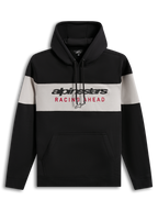 Alpinestars Cubic Hoodie, black and grey color-blocked pullover fleece with Racing Ahead logo and kangaroo pocket.
