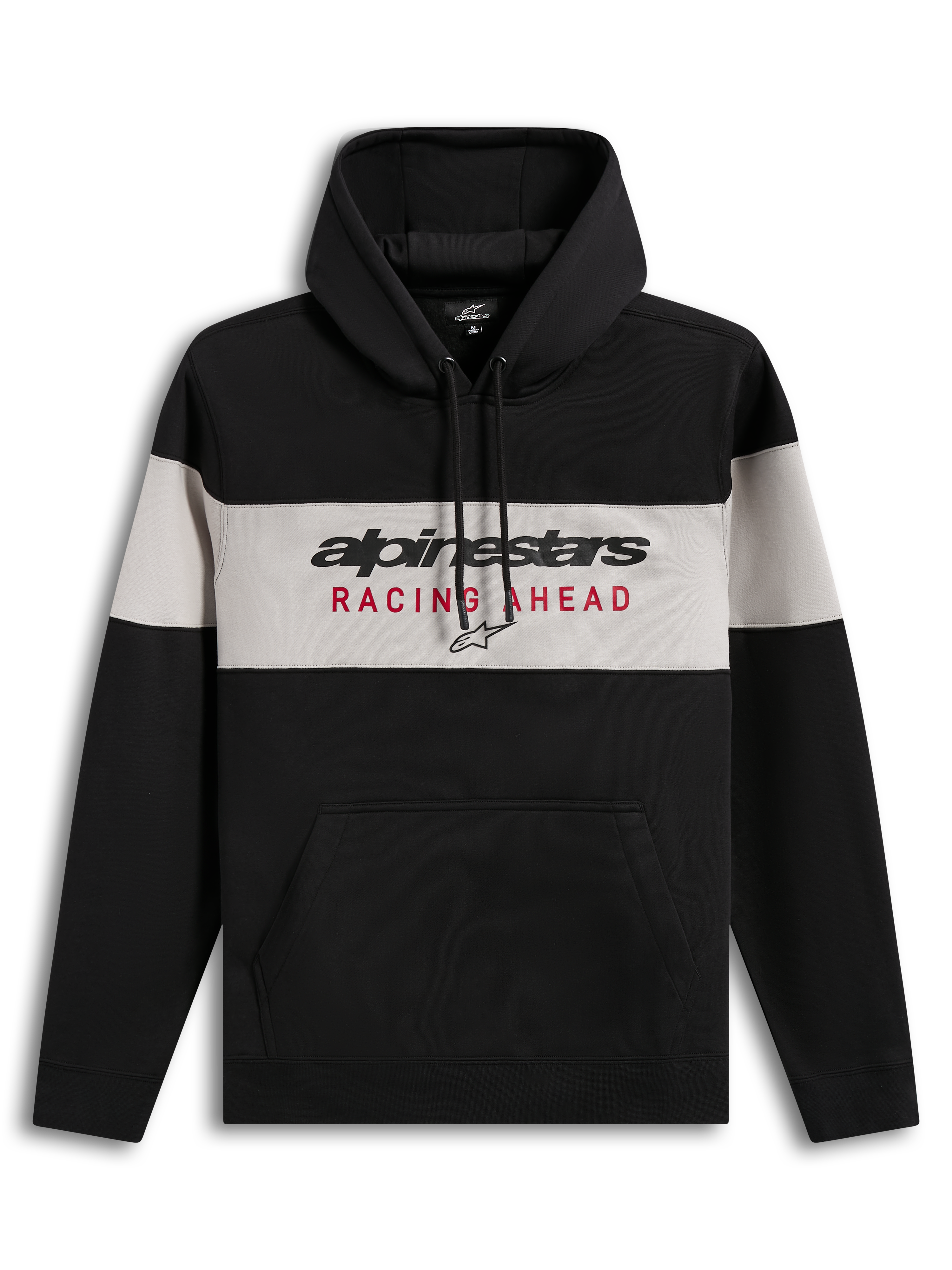 Alpinestars Cubic Hoodie, black and grey color-blocked pullover fleece with Racing Ahead logo and kangaroo pocket.