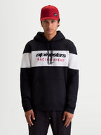 Alpinestars Cubic Hoodie, Men's Sportswear Pullover Fleece, Black and White color-blocked design with bold Alpinestars Racing Ahead logo on the chest, features a drawstring hood and front pouch pocket, casual off-bike lifestyle apparel.