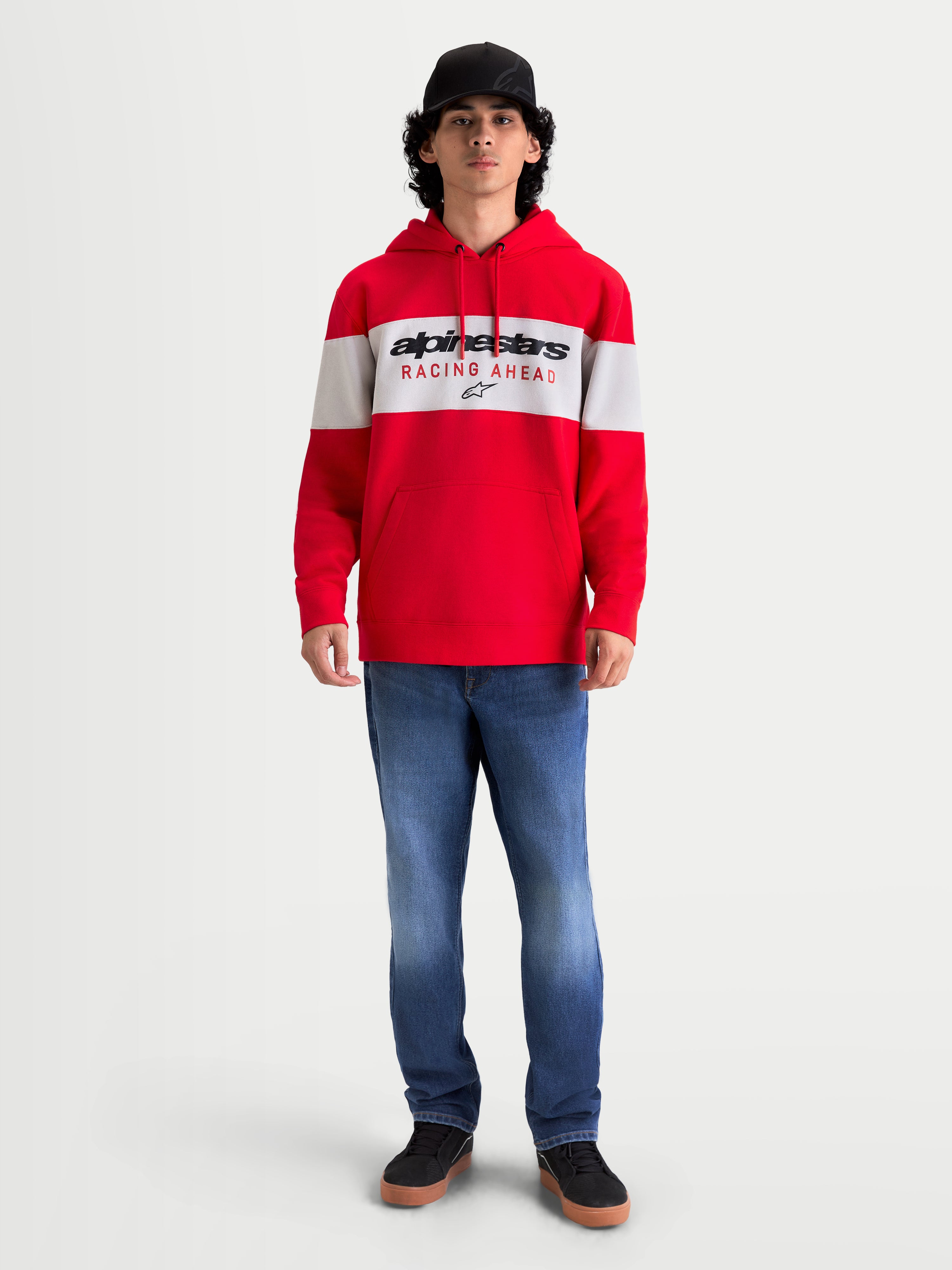 Alpinestars Cubic Hoodie, Sportswear Pullover Fleece Hoodie for Casual Wear, Red and White Color-Blocked Design, featuring Alpinestars Word Logo and Racing Ahead Graphic on Chest, Kangaroo Pocket, On-Model Front View