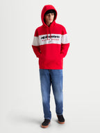 Alpinestars Cubic Hoodie, Sportswear Pullover Fleece for Men and Women, Red and White, features a color-blocked body with Alpinestars Racing Ahead logo, self-lined hood, and ribbed cuffs for a casual motorsport-inspired look.