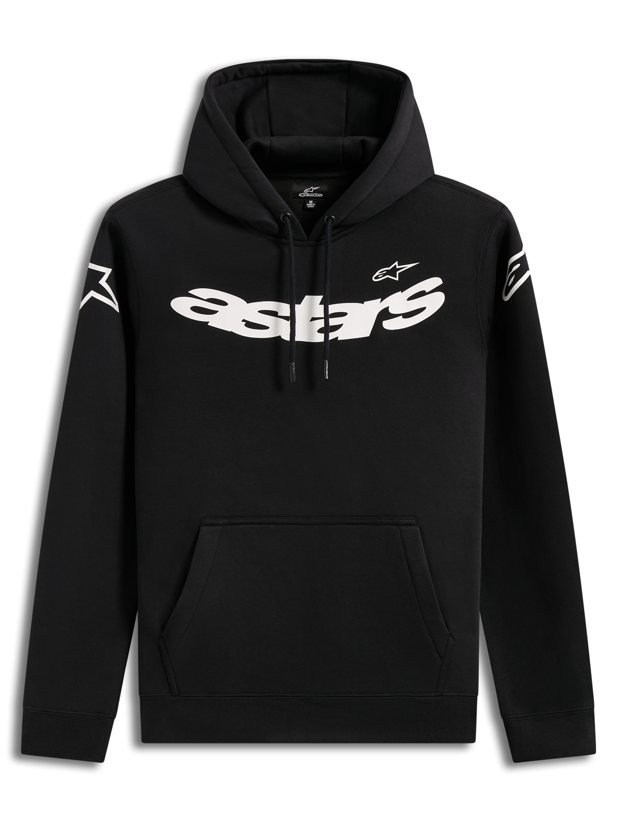 Alpinestars Velocifier Hoodie, black casual lifestyle sweatshirt with bold white chest graphics and front pouch pocket.
