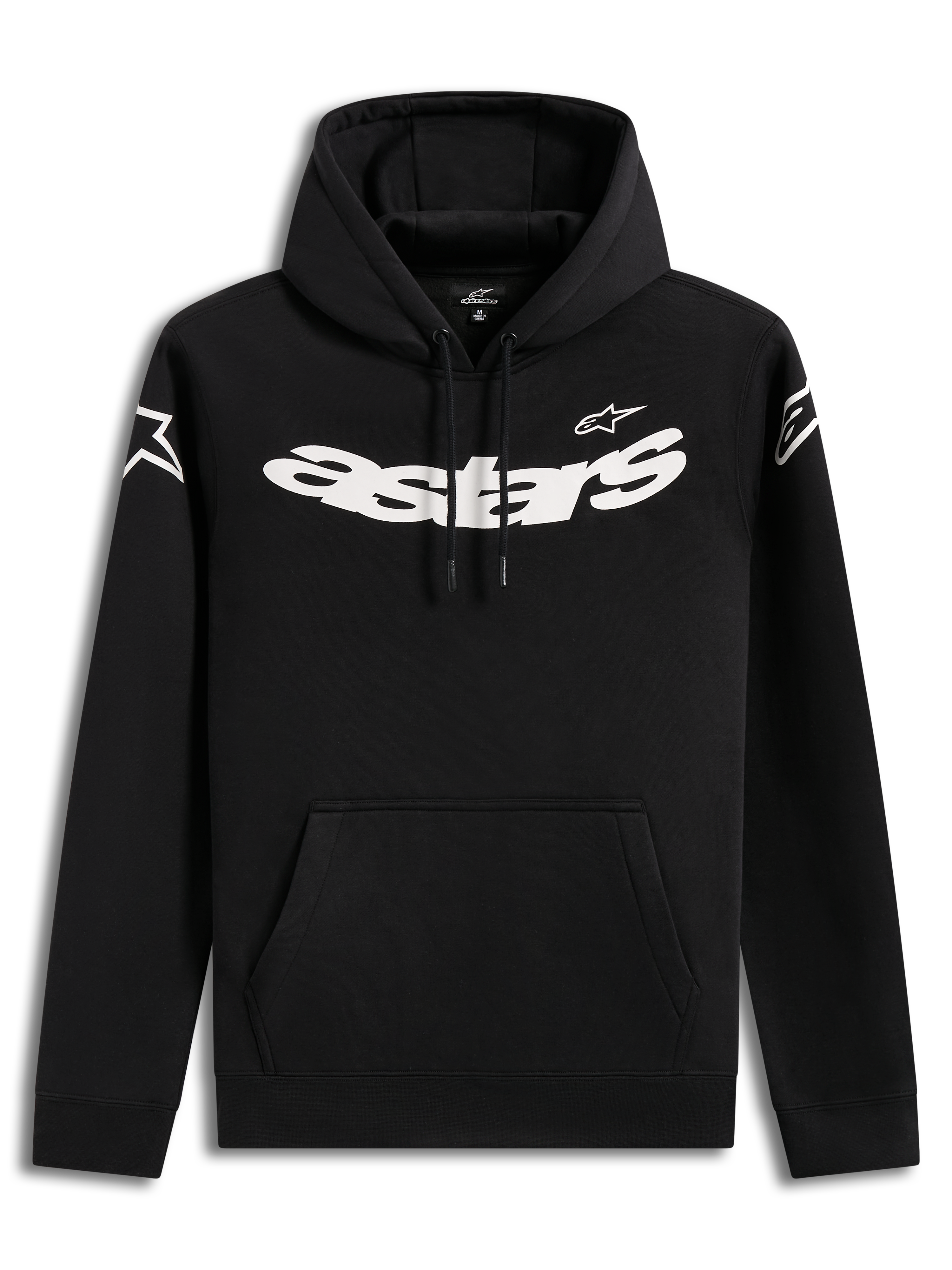 Alpinestars Velocifier Hoodie, black casual lifestyle sweatshirt with bold white chest graphics and front pouch pocket.