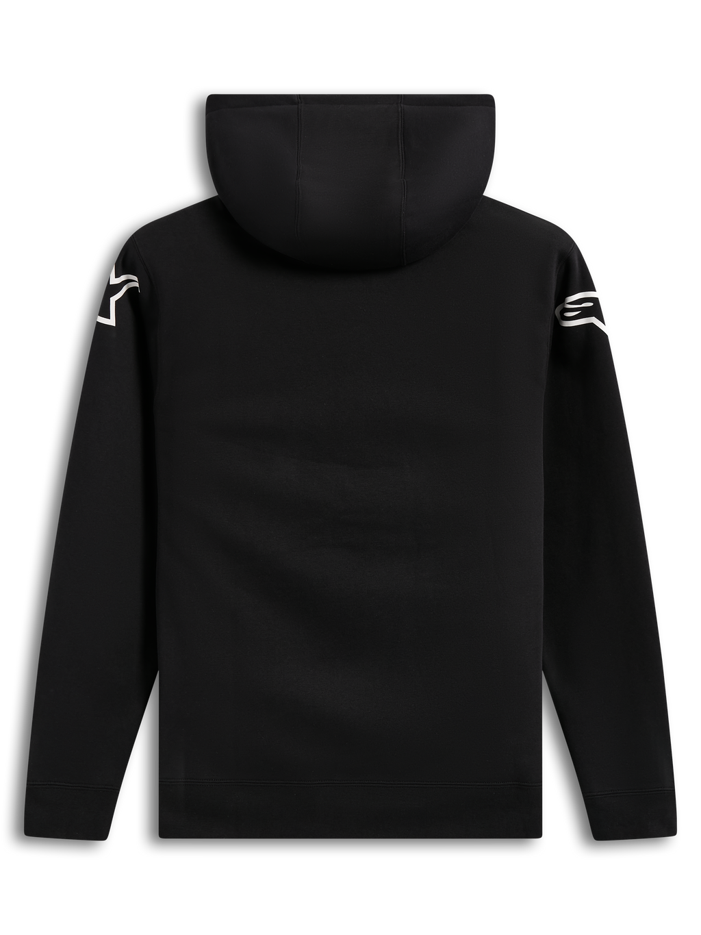 Alpinestars Velocifier Hoodie, black unisex pullover fleece, back view featuring white Astars shoulder logos and a hood.