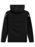 Alpinestars Velocifier Hoodie, black unisex pullover fleece, back view featuring white Astars shoulder logos and a hood.