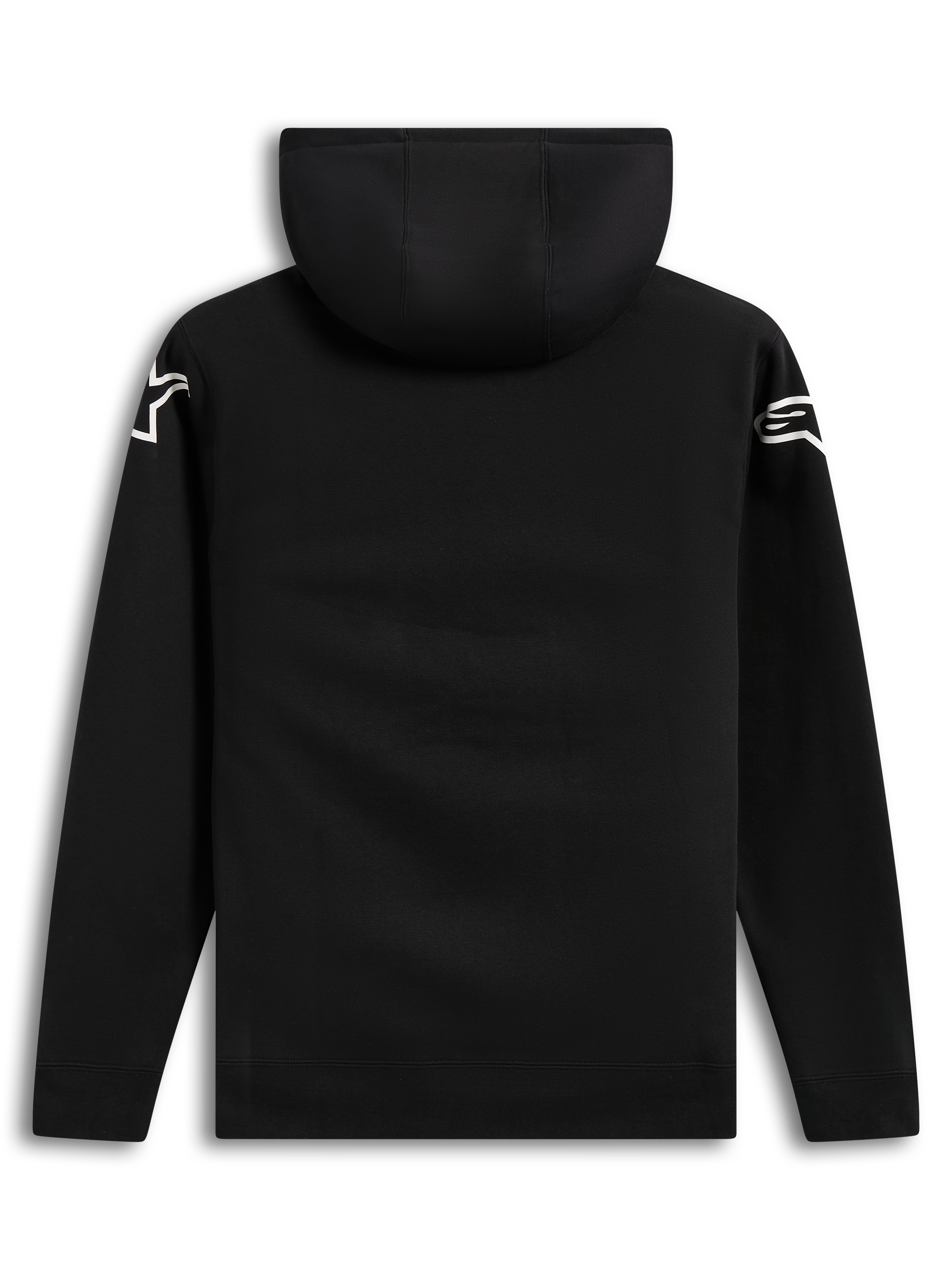 Alpinestars Velocifier Hoodie, black unisex pullover fleece, back view featuring white Astars shoulder logos and a hood.
