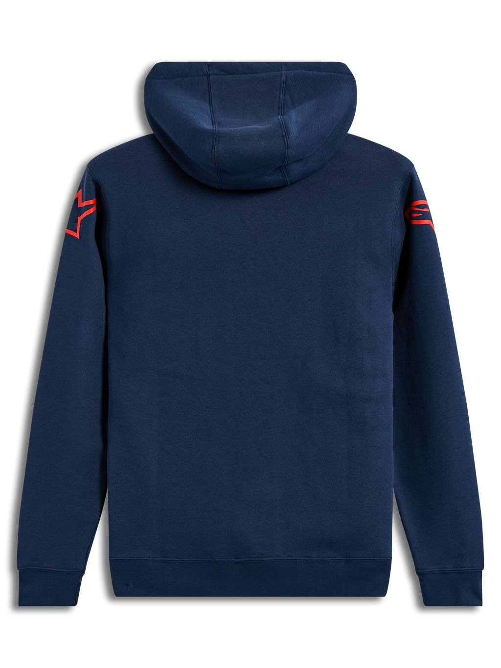 Alpinestars Velocifier Hoodie, back view of navy blue sportswear fleece with orange shoulder logos and rib-knit cuffs.