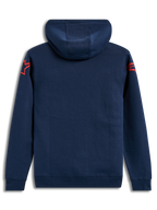 Alpinestars Velocifier Hoodie, back view of navy blue sportswear fleece with orange shoulder logos and rib-knit cuffs.