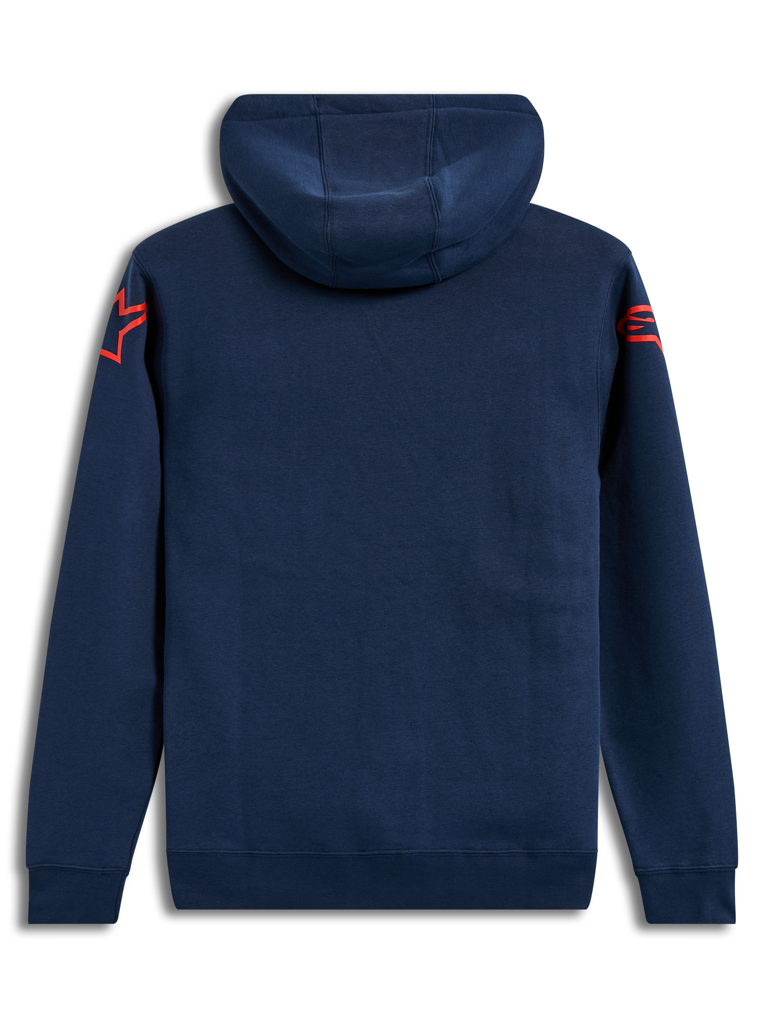 Alpinestars Velocifier Hoodie, back view of navy blue sportswear fleece with orange shoulder logos and rib-knit cuffs.