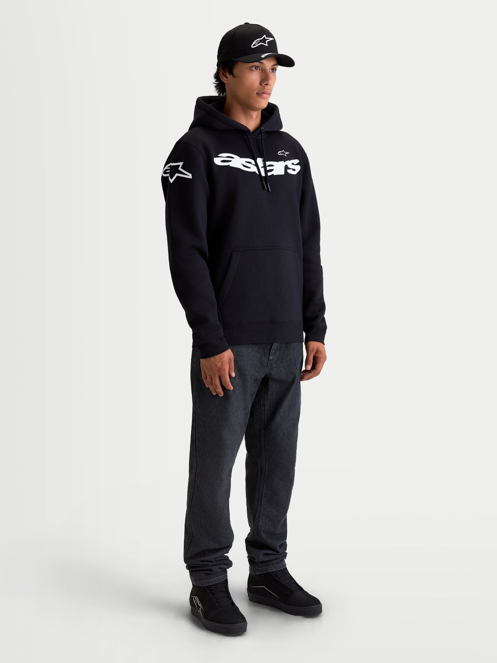 Alpinestars Velocifier Hoodie, Men's Sportswear Pullover Fleece, Black and White, featuring a curved Astars wordmark on the chest and logos on the shoulders, premium cotton-blend construction for casual off-bike motorsport style