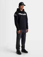 Alpinestars Velocifier Hoodie, Men's Sportswear Pullover Fleece, Black and White, featuring a curved Astars wordmark on the chest and logos on the shoulders, premium cotton-blend construction for casual off-bike motorsport style