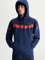 Alpinestars Velocifier Hoodie, Sportswear Pullover Fleece, Navy Blue and Red, featuring bold Astars branding on the chest and shoulders, adjustable drawstring hood, and front pouch pocket.