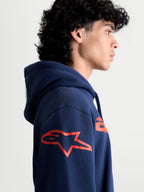 Alpinestars Velocifier Hoodie, Men's Sportswear Hooded Pullover, Navy Blue and Red, side profile view featuring the red Astars logo on the shoulder, comfortable fleece for motorsport enthusiasts.