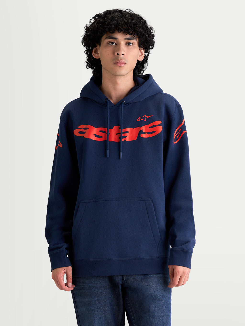 Alpinestars Velocifier Hoodie, Navy Blue and Red, Men's Sportswear Pullover Fleece with red astars branding on chest and shoulders, featuring a self-lined hood and front pouch pocket, premium cotton-blend construction for off-bike comfort.