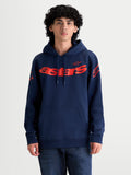Alpinestars Velocifier Hoodie, Navy Blue and Red, Men's Sportswear Pullover Fleece with red astars branding on chest and shoulders, featuring a self-lined hood and front pouch pocket, premium cotton-blend construction for off-bike comfort.