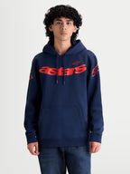 Alpinestars Velocifier Hoodie, Navy Blue and Red, Men's Sportswear Pullover Fleece with red astars branding on chest and shoulders, featuring a self-lined hood and front pouch pocket, premium cotton-blend construction for off-bike comfort.