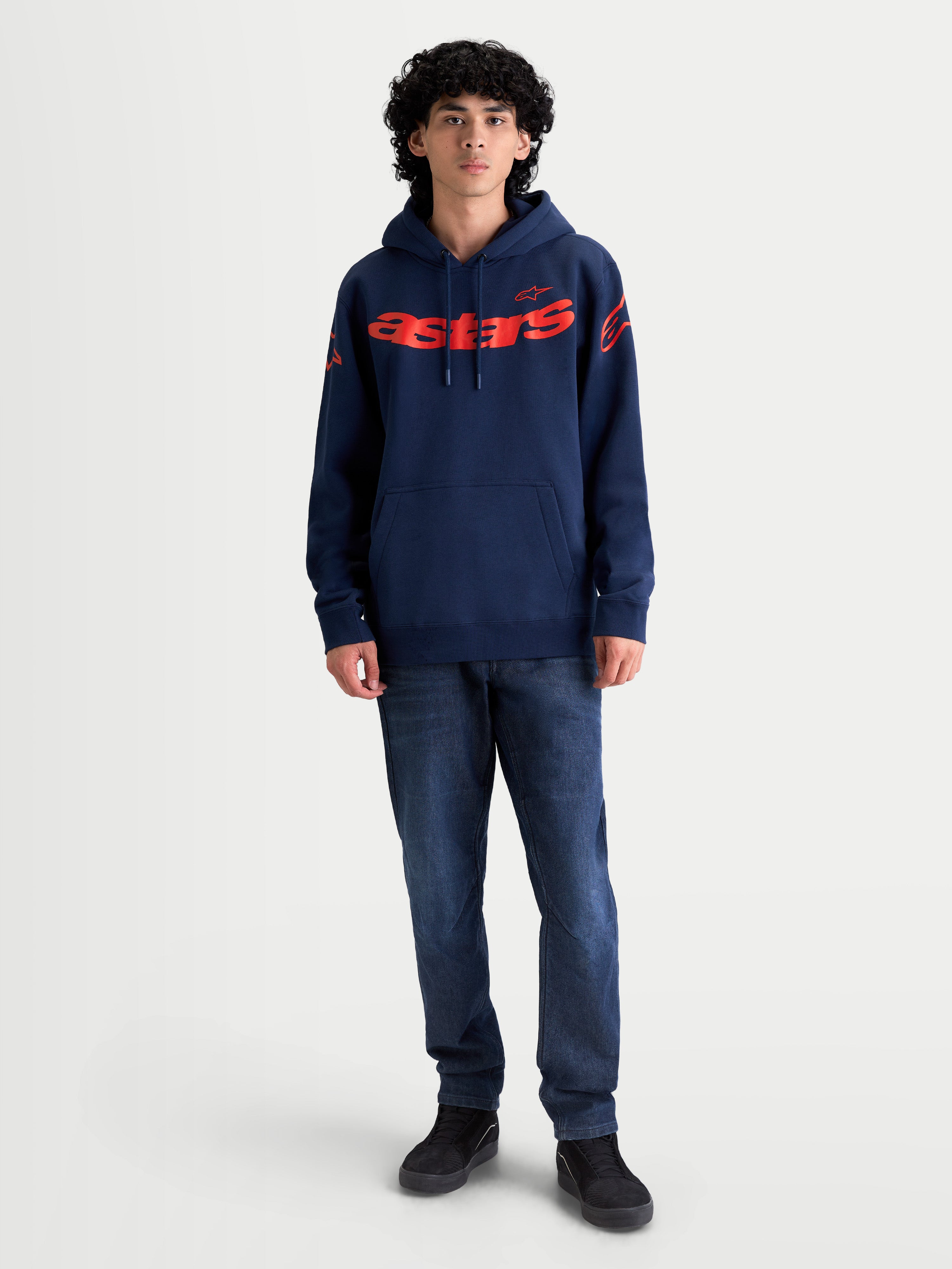Alpinestars Velocifier Hoodie, Men's Sportswear Pullover Fleece in Navy Blue and Red, featuring bold Astars branding on the chest and shoulders, adjustable hood, and front kangaroo pocket, ideal for casual off-bike wear.