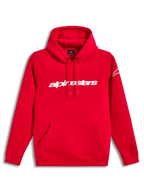 Alpinestars Race Wordmark Hoodie, red cotton-blend pullover fleece with white linear logo and sleeve graphic.