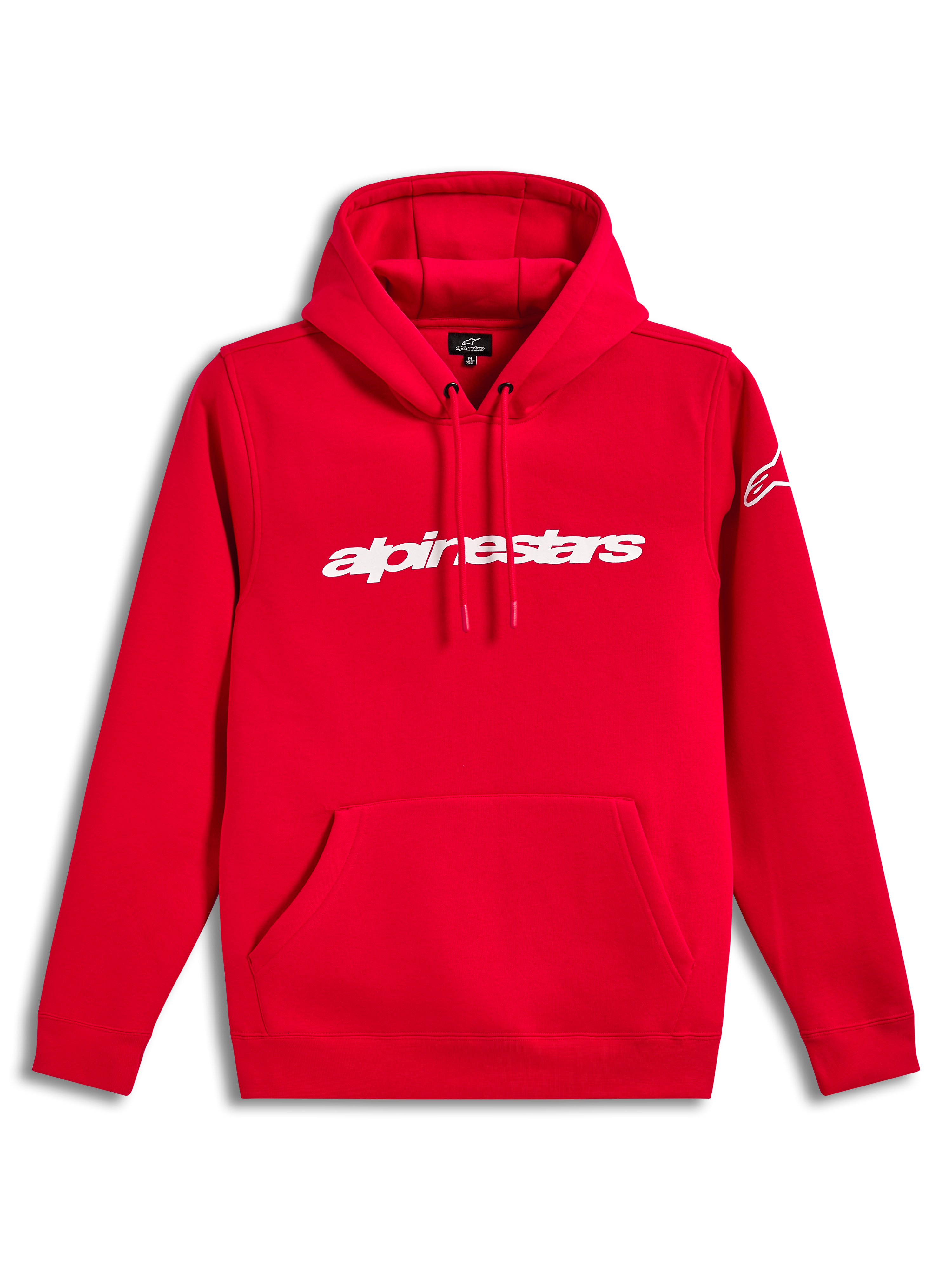 Alpinestars Race Wordmark Hoodie, red cotton-blend pullover fleece with white linear logo and sleeve graphic.