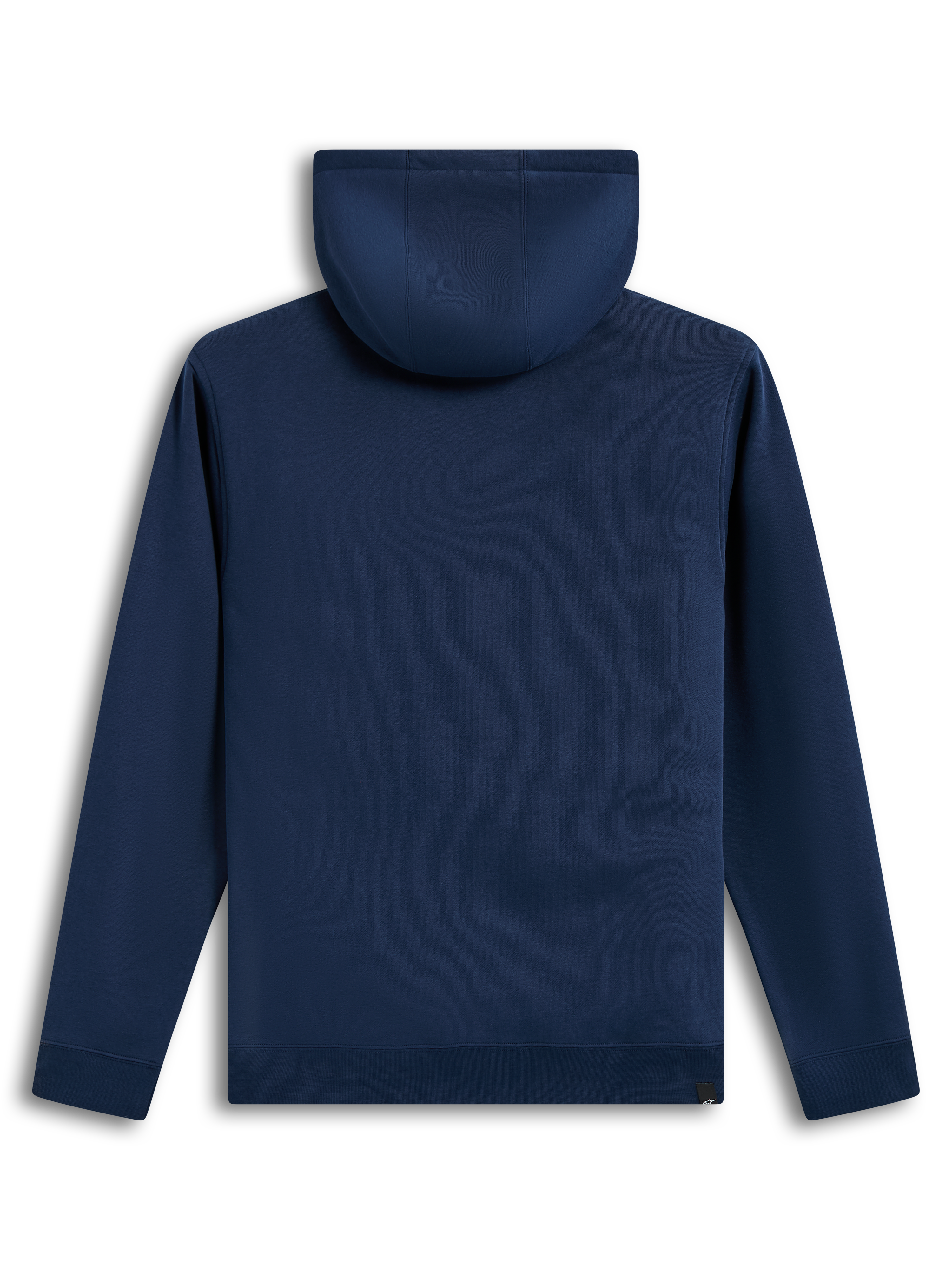 Alpinestars Race Wordmark Hoodie, navy blue unisex fleece pullover, back view showing the self-lined hood.